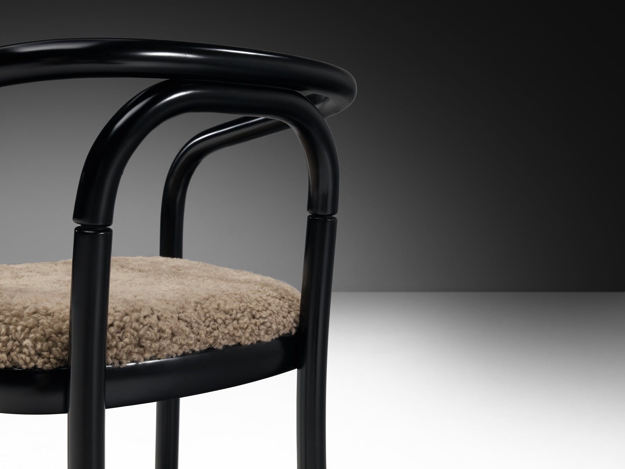 Pair of Sculptural Bentwood Armchairs in Black Lacquered Wood and Sheepskin Seating Morentz