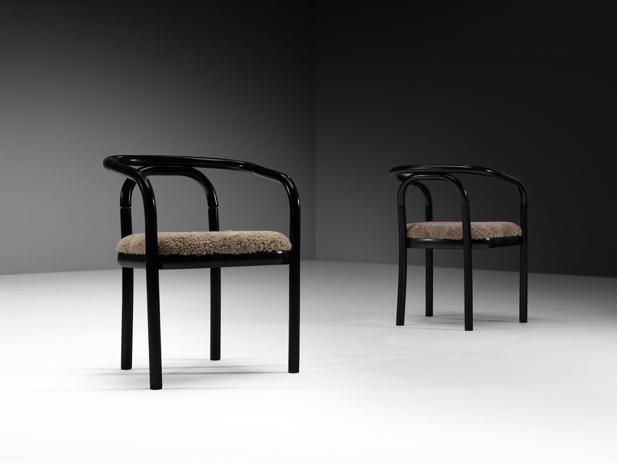 Pair of Sculptural Bentwood Armchairs in Black Lacquered Wood and Sheepskin Seating Morentz