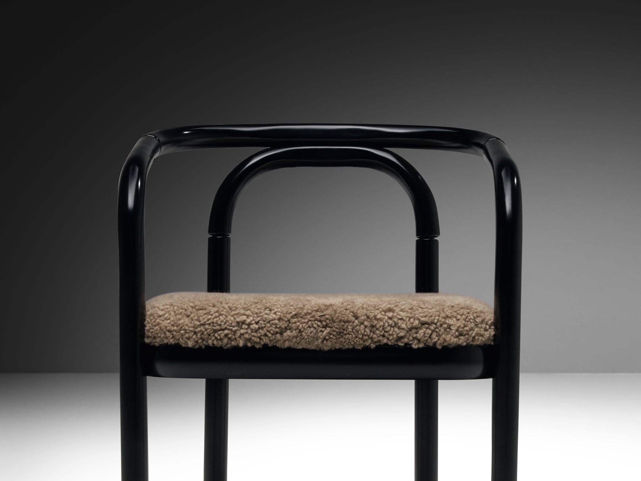Pair of Sculptural Bentwood Armchairs in Black Lacquered Wood and Sheepskin Seating Morentz
