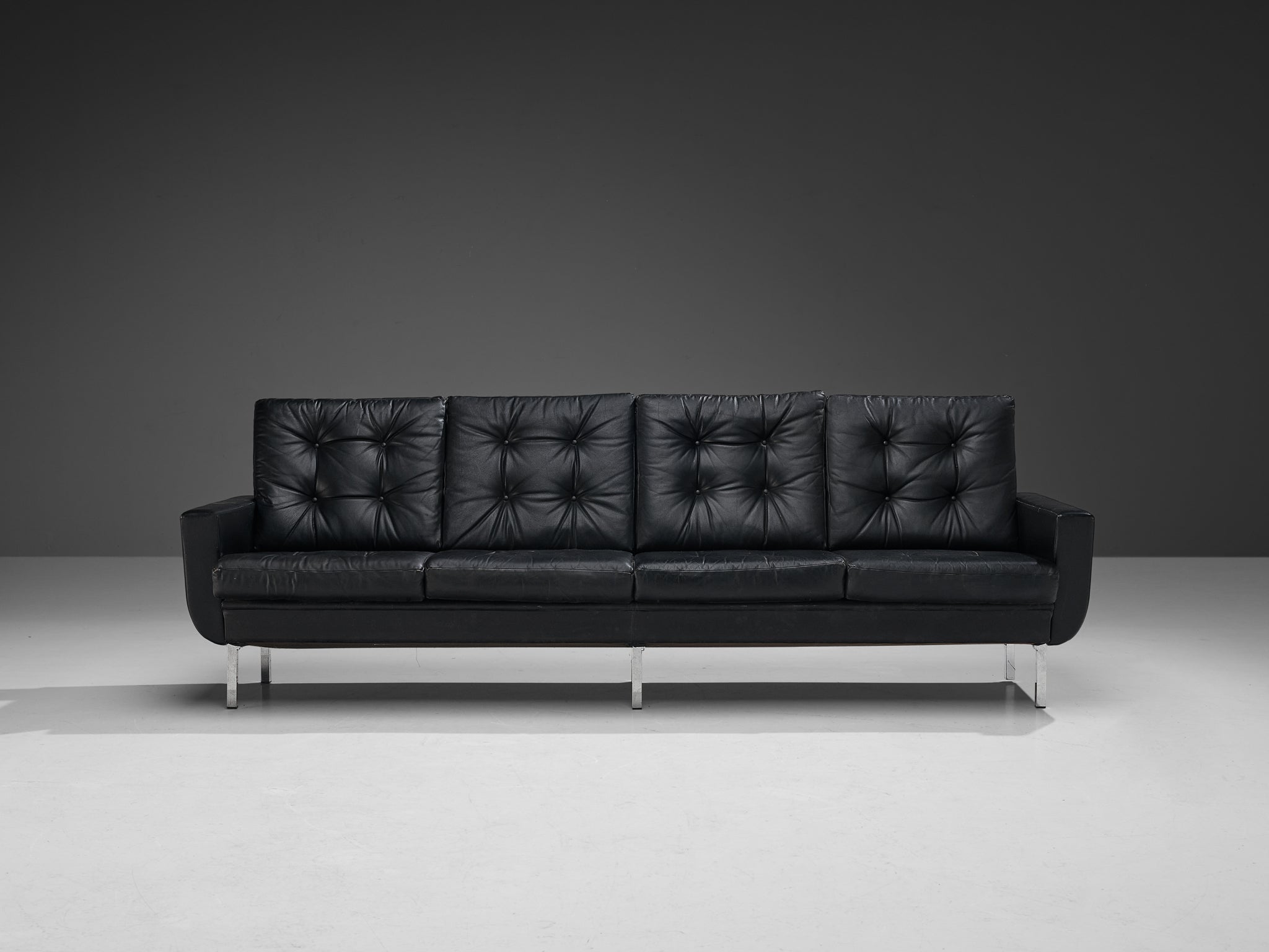 Four-Seater Sofa in Black Leatherette and Steel seating Morentz