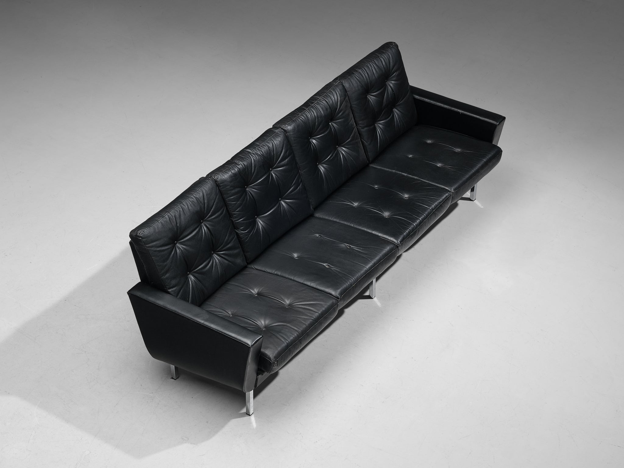 Four-Seater Sofa in Black Leatherette and Steel seating Morentz