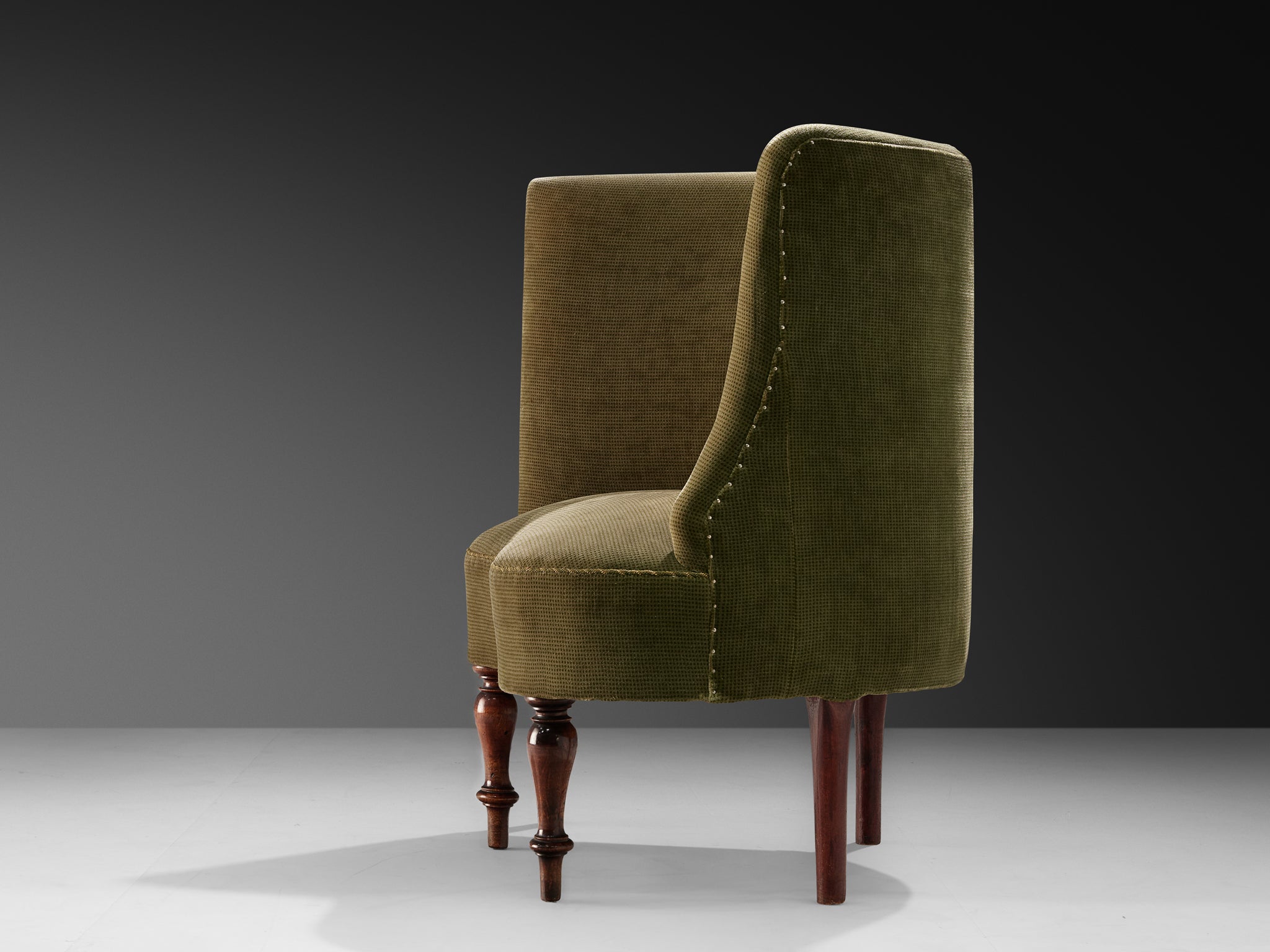 Asymmetrical Art Deco Lounge Chair in Wood and Green Fabric Seating Morentz