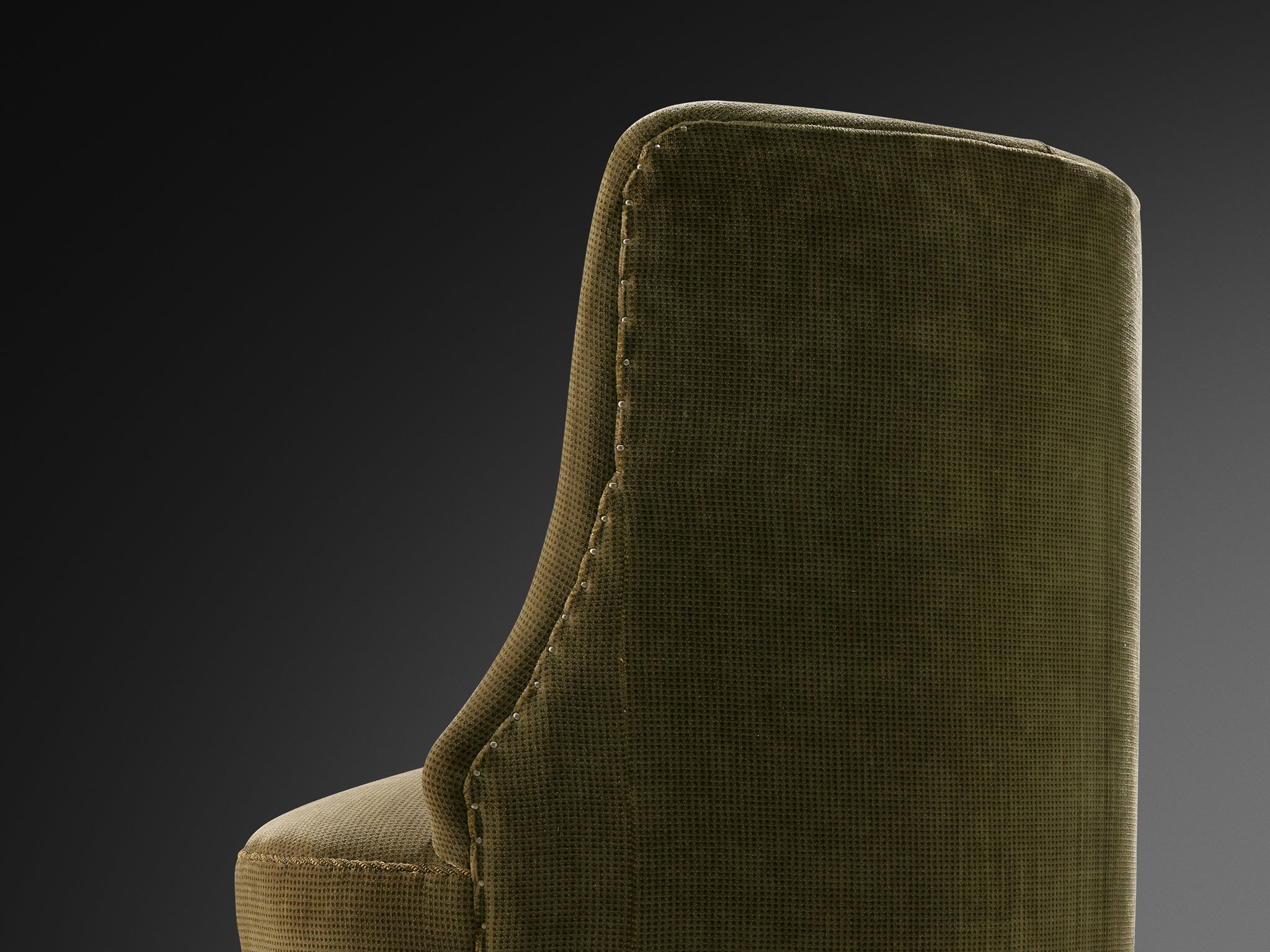 Asymmetrical Art Deco Lounge Chair in Wood and Green Fabric Seating Morentz