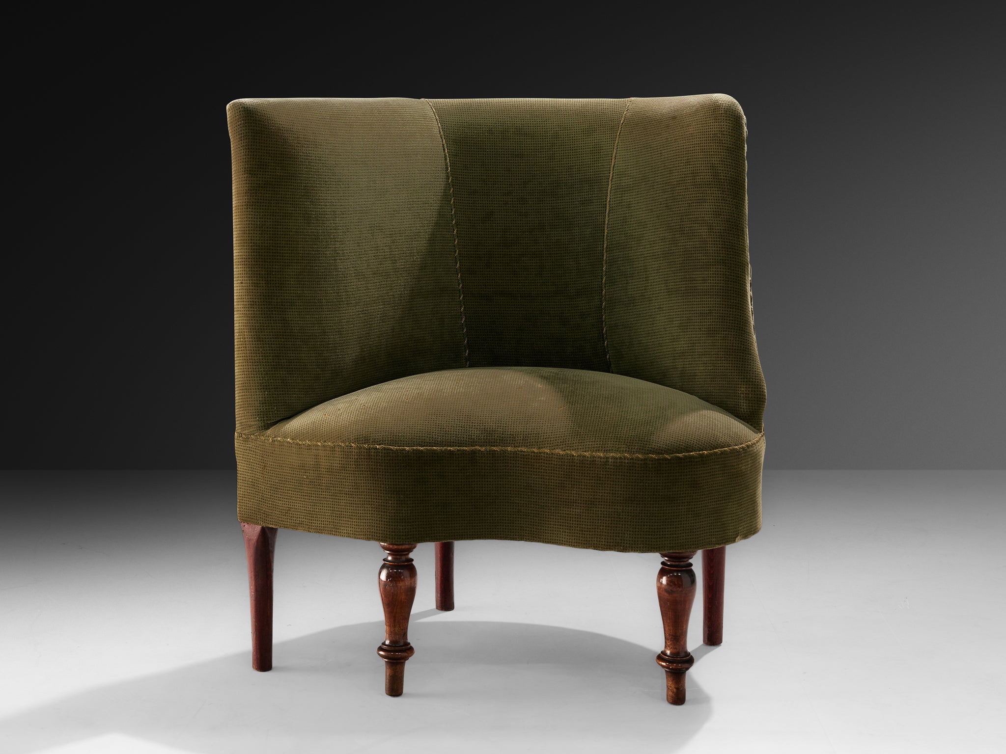 Asymmetrical Art Deco Lounge Chair in Wood and Green Fabric Seating Morentz