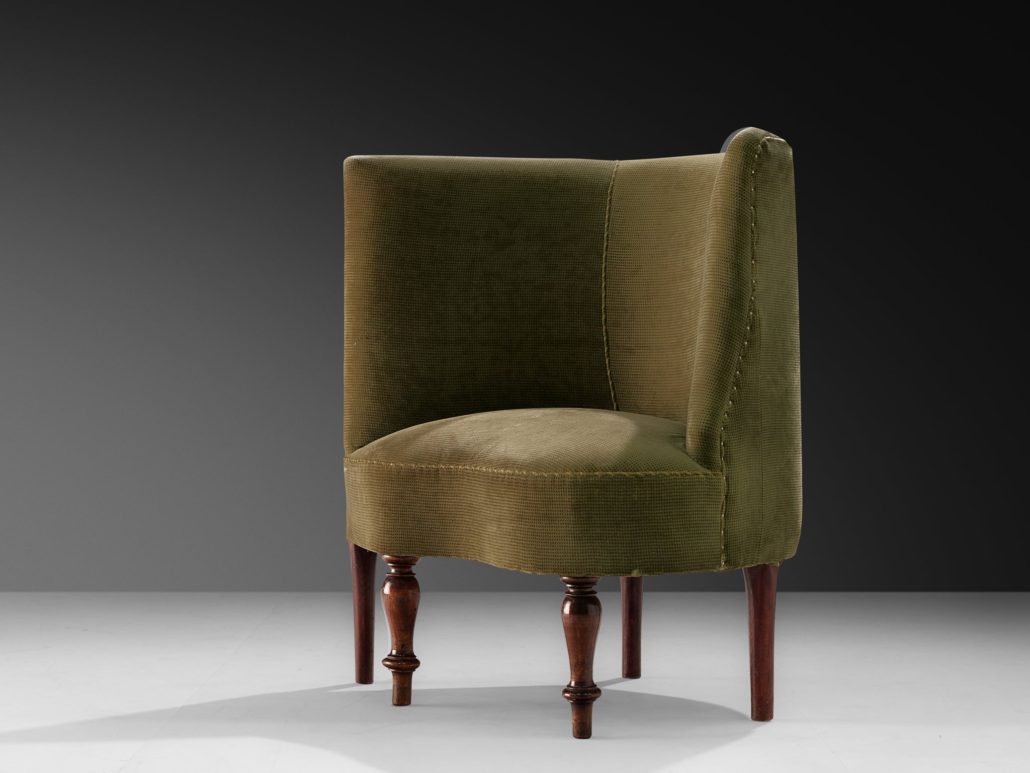 Asymmetrical Art Deco Lounge Chair in Wood and Green Fabric Seating Morentz