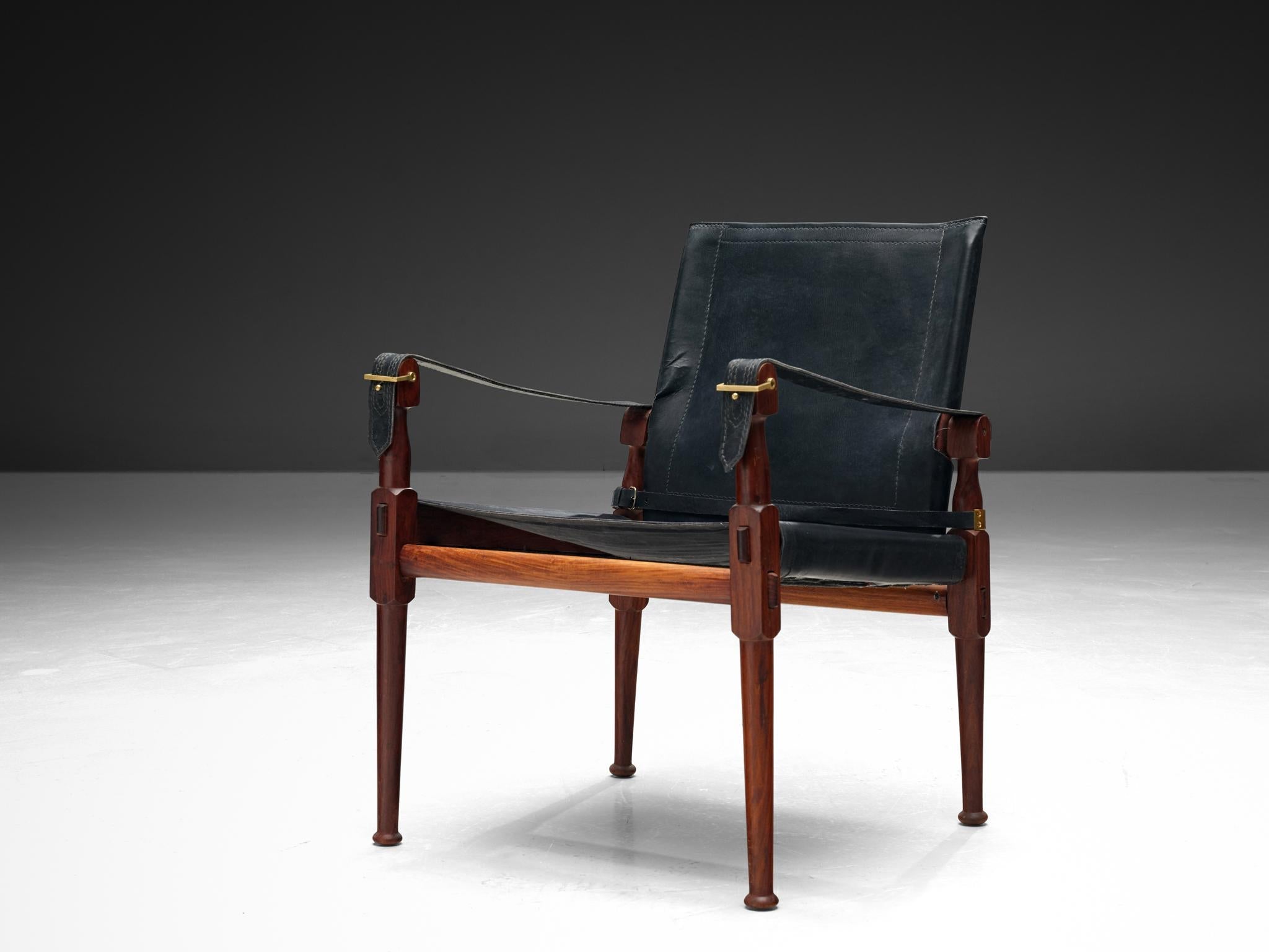 Safari Chair in Black Leather Wood Brass seating Morentz