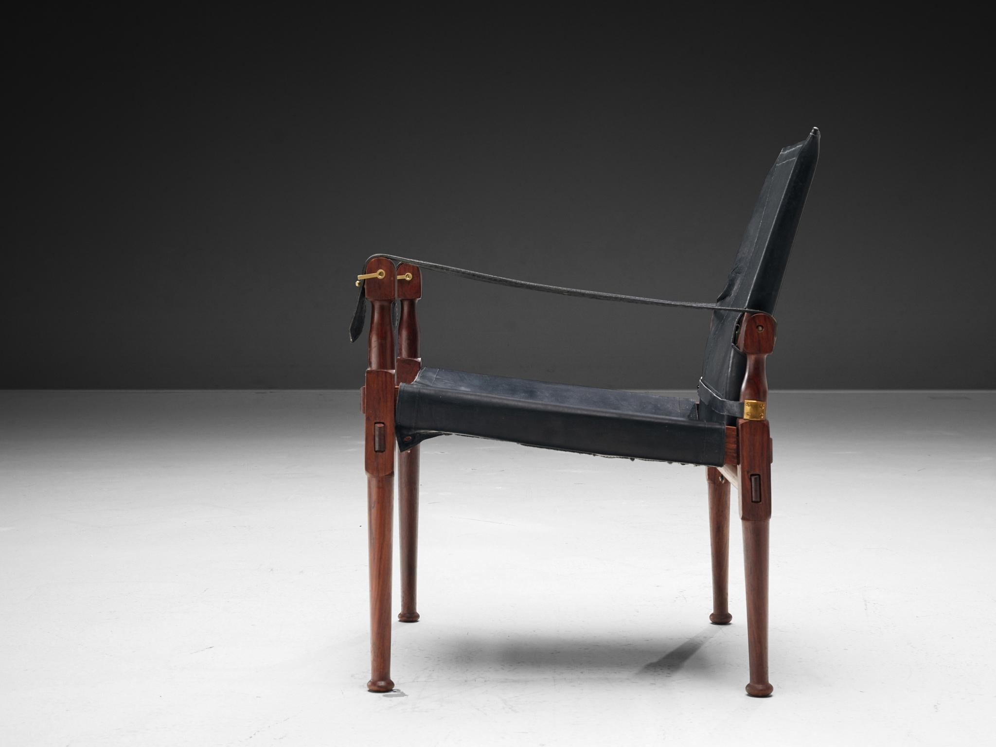 Safari Chair in Black Leather Wood Brass seating Morentz