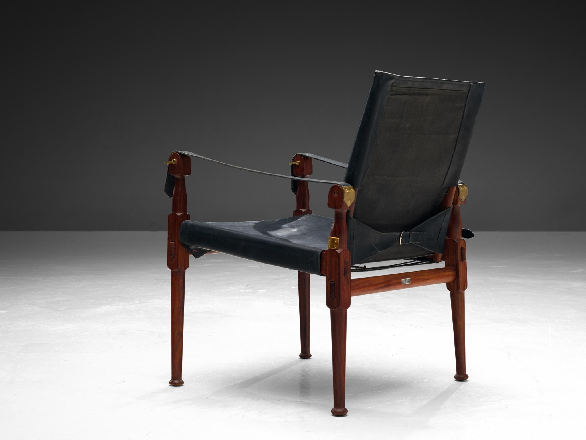 Safari Chair in Black Leather Wood Brass seating Morentz