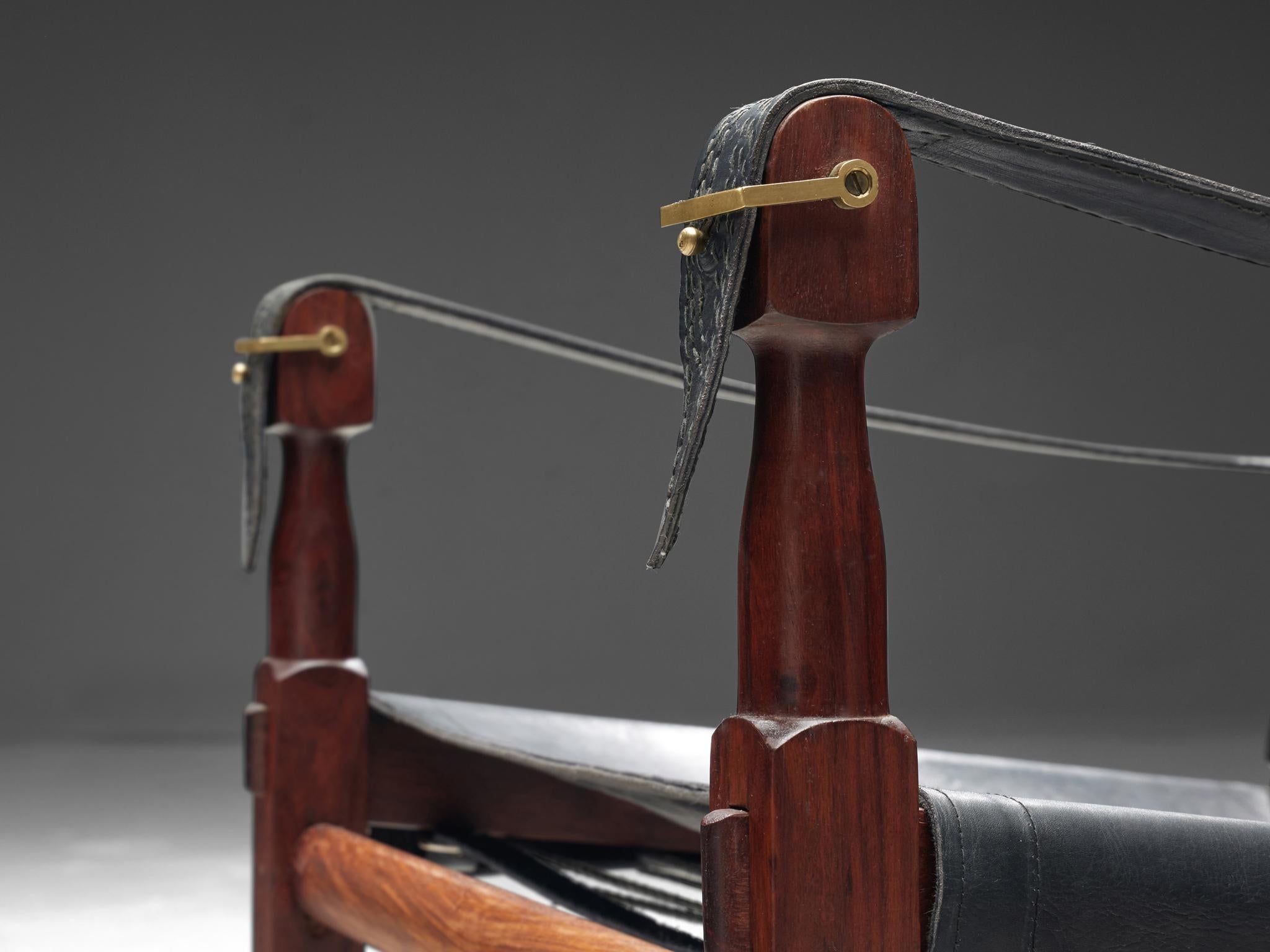 Safari Chair in Black Leather Wood Brass seating Morentz