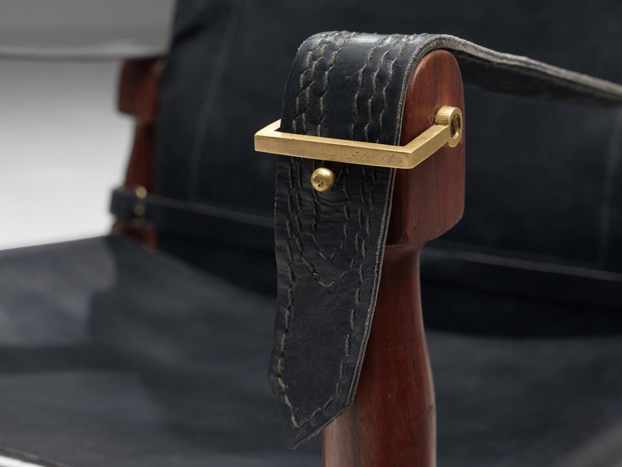 Safari Chair in Black Leather Wood Brass seating Morentz