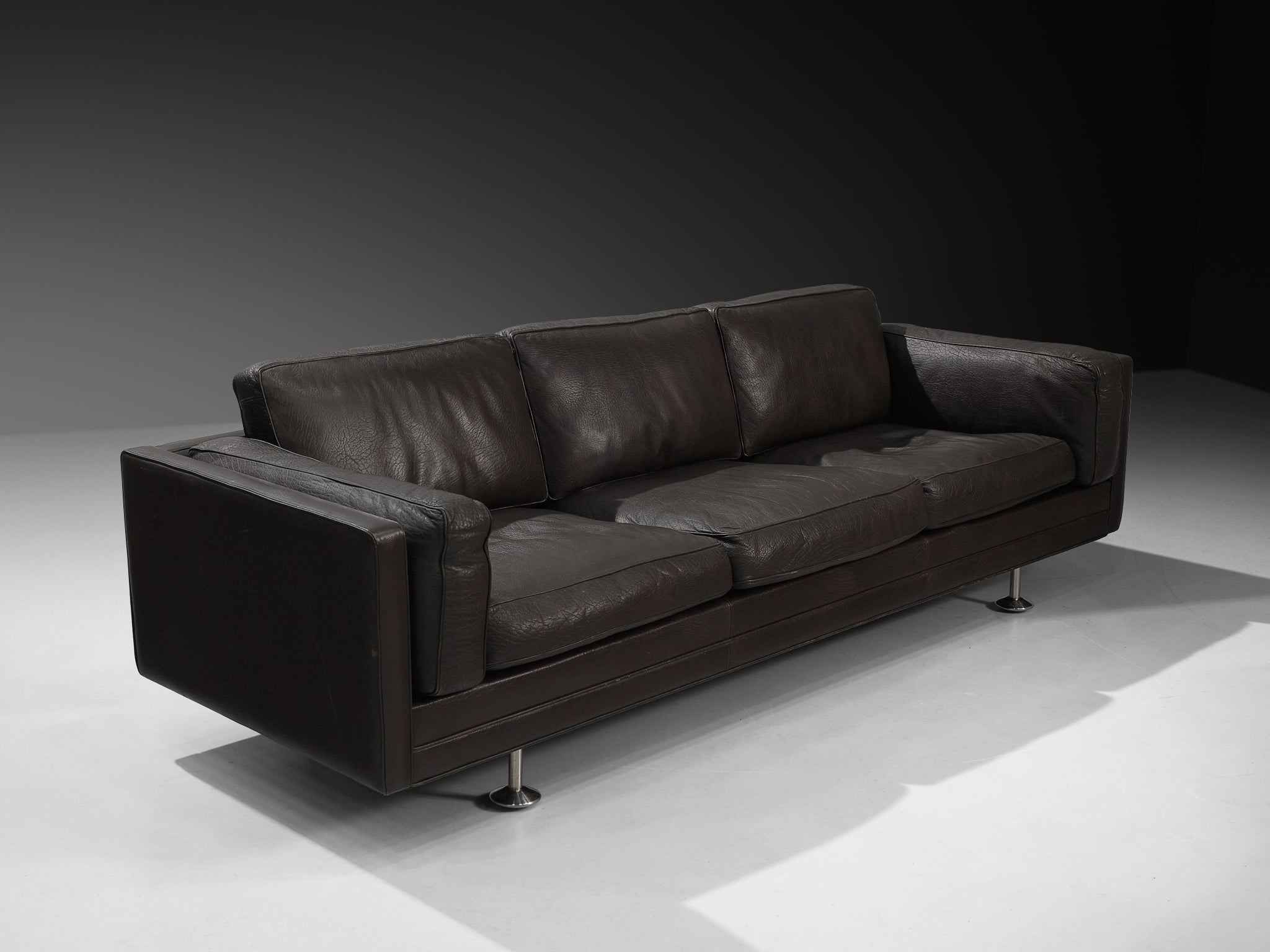 Illum Wikkelsø Cubic Sofa in Deep Brown Leather and Metal Seating Morentz