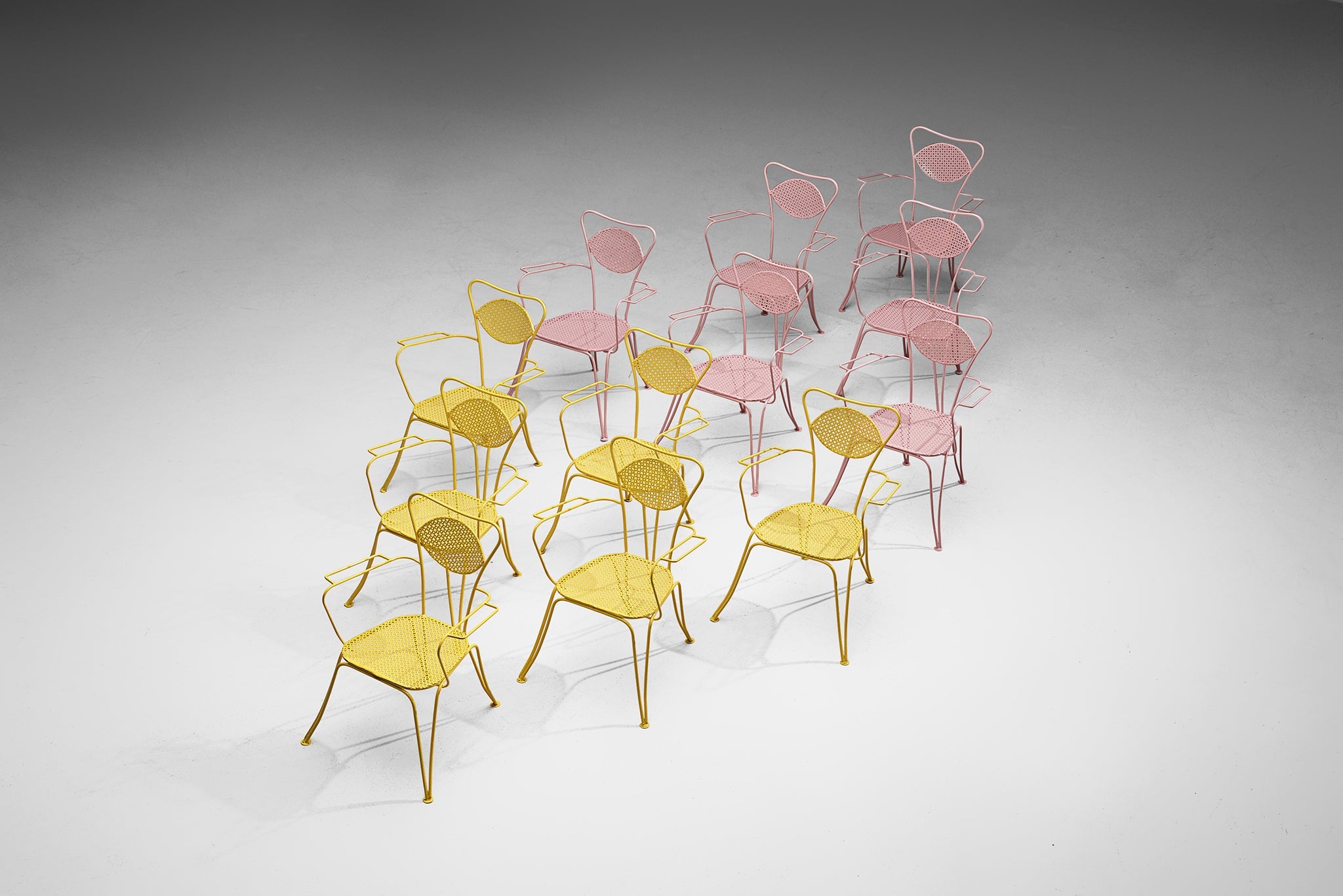 Large Set of Italian Patio Chairs in Pink and Yellow Lacquered Steel building and garden elements Morentz