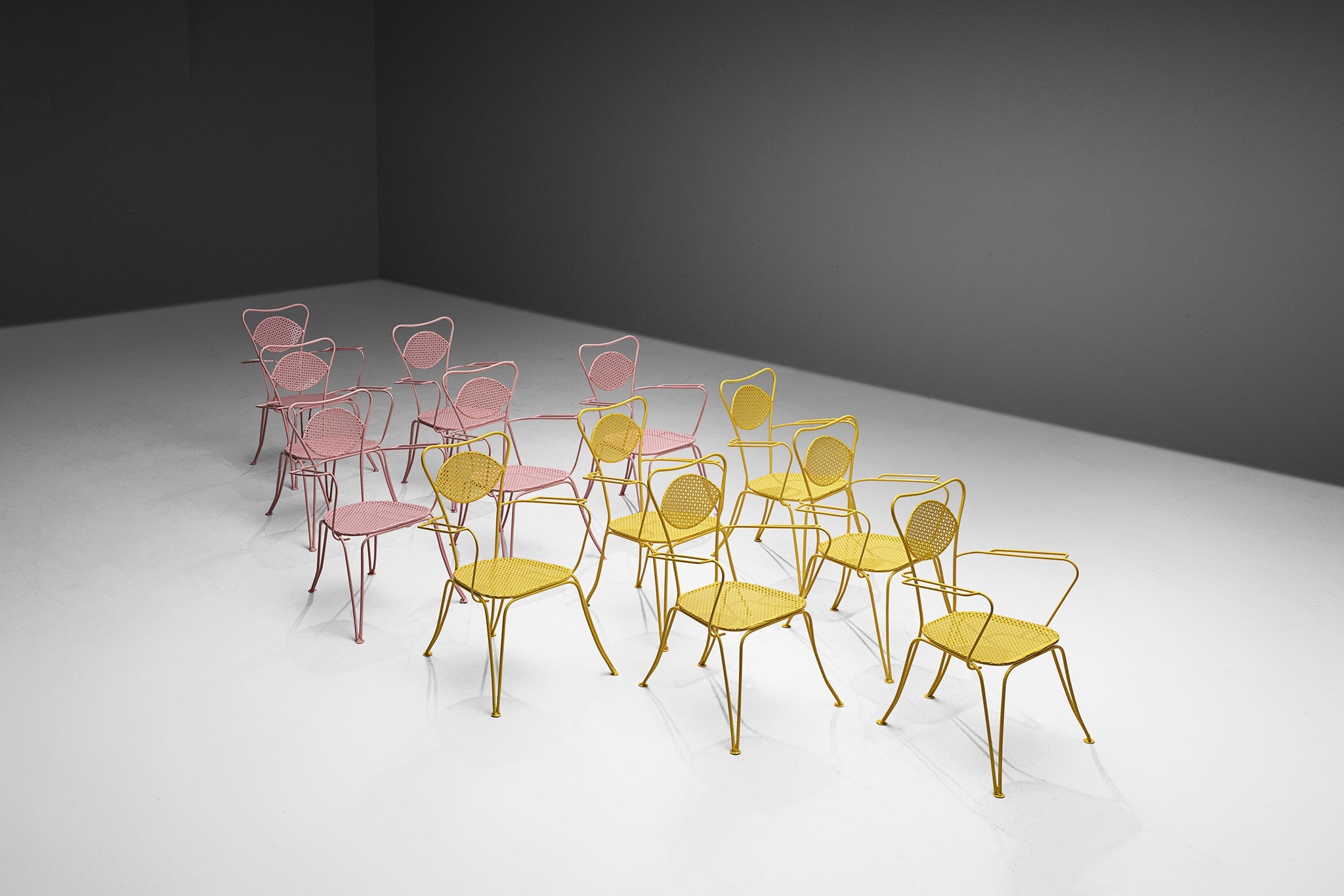Large Set of Italian Patio Chairs in Pink and Yellow Lacquered Steel building and garden elements Morentz