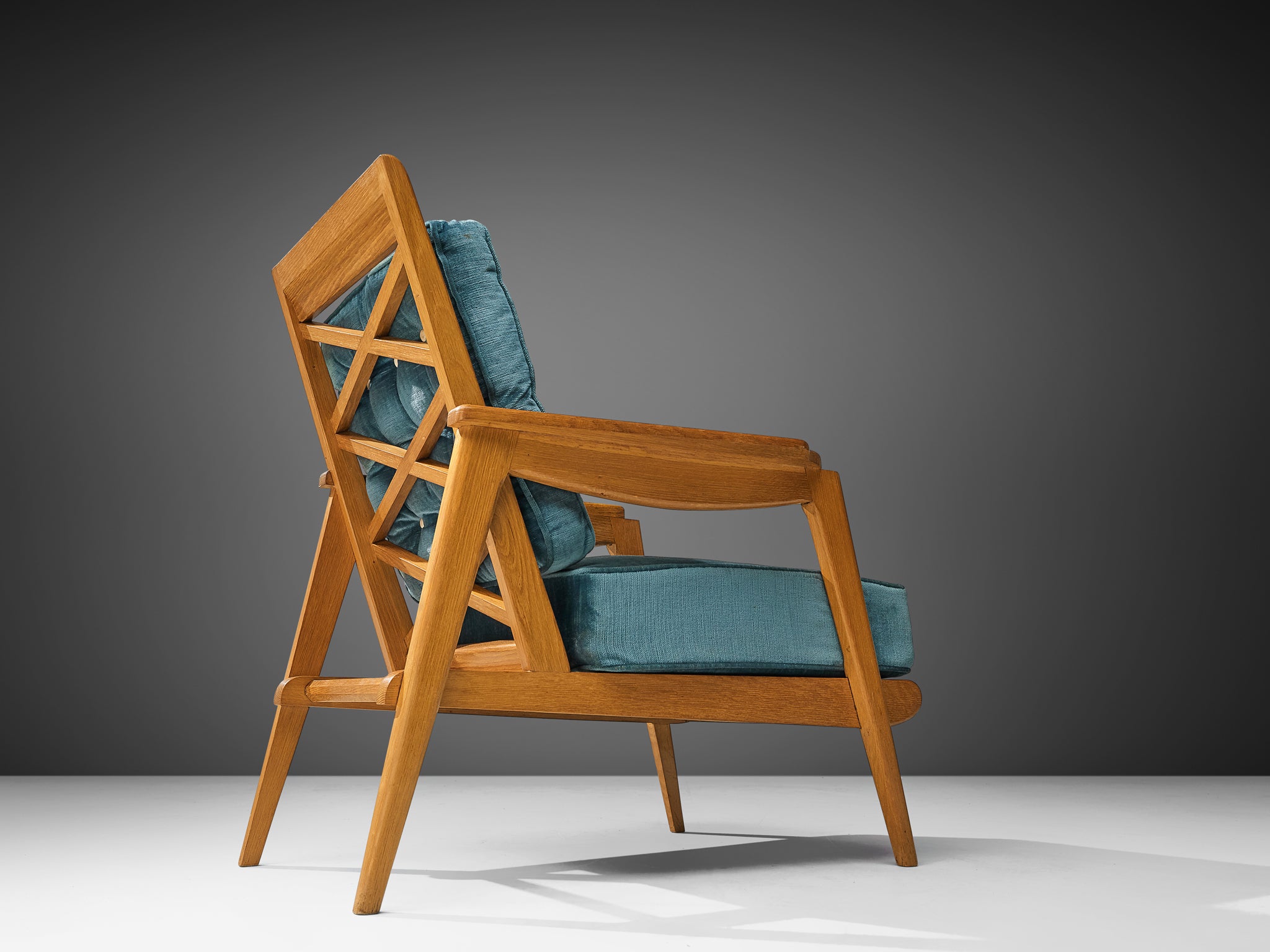 Mid-Century Modern French Armchair in Oak and Blue Velvet Seating Morentz