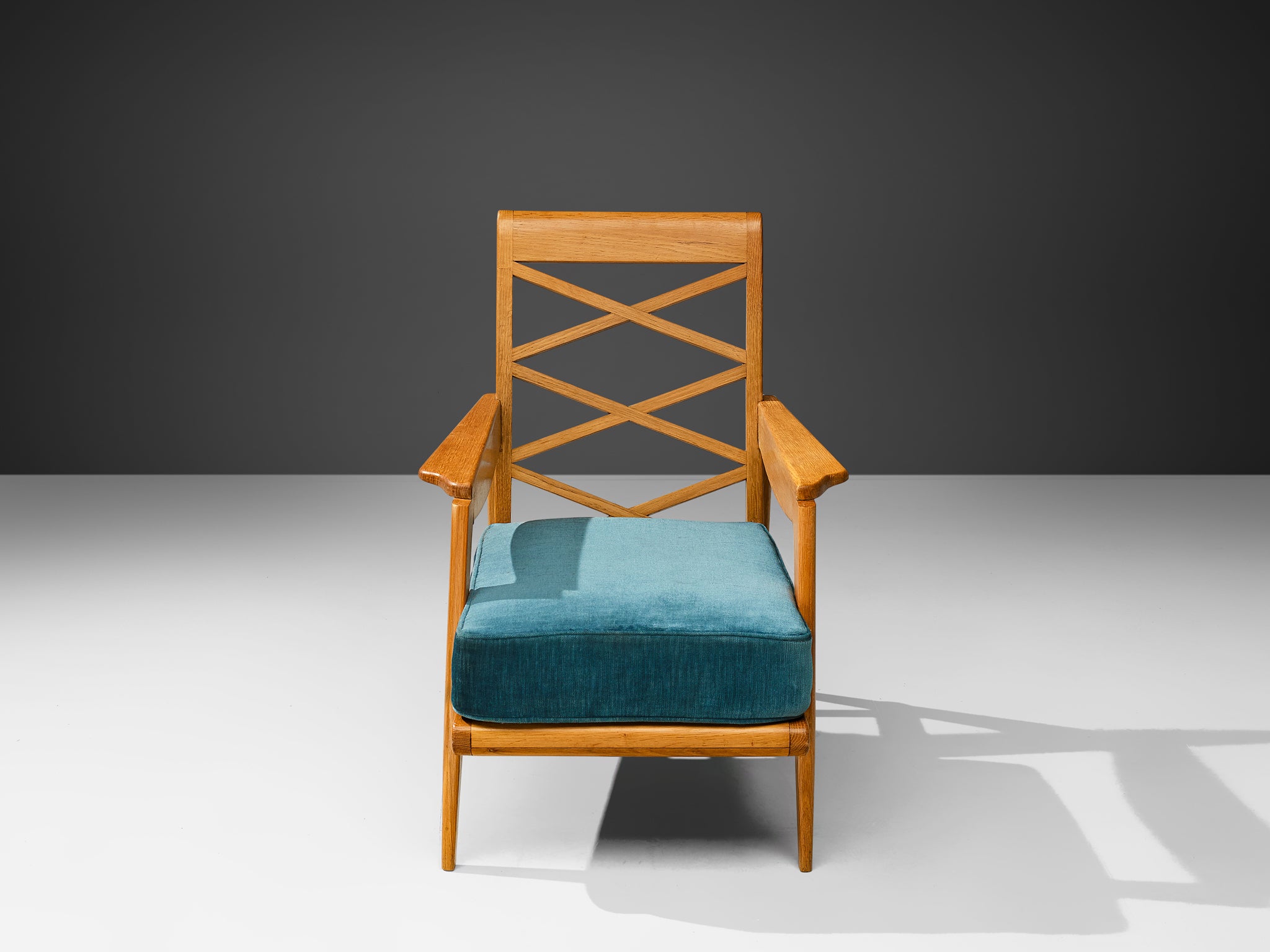 Mid-Century Modern French Armchair in Oak and Blue Velvet Seating Morentz