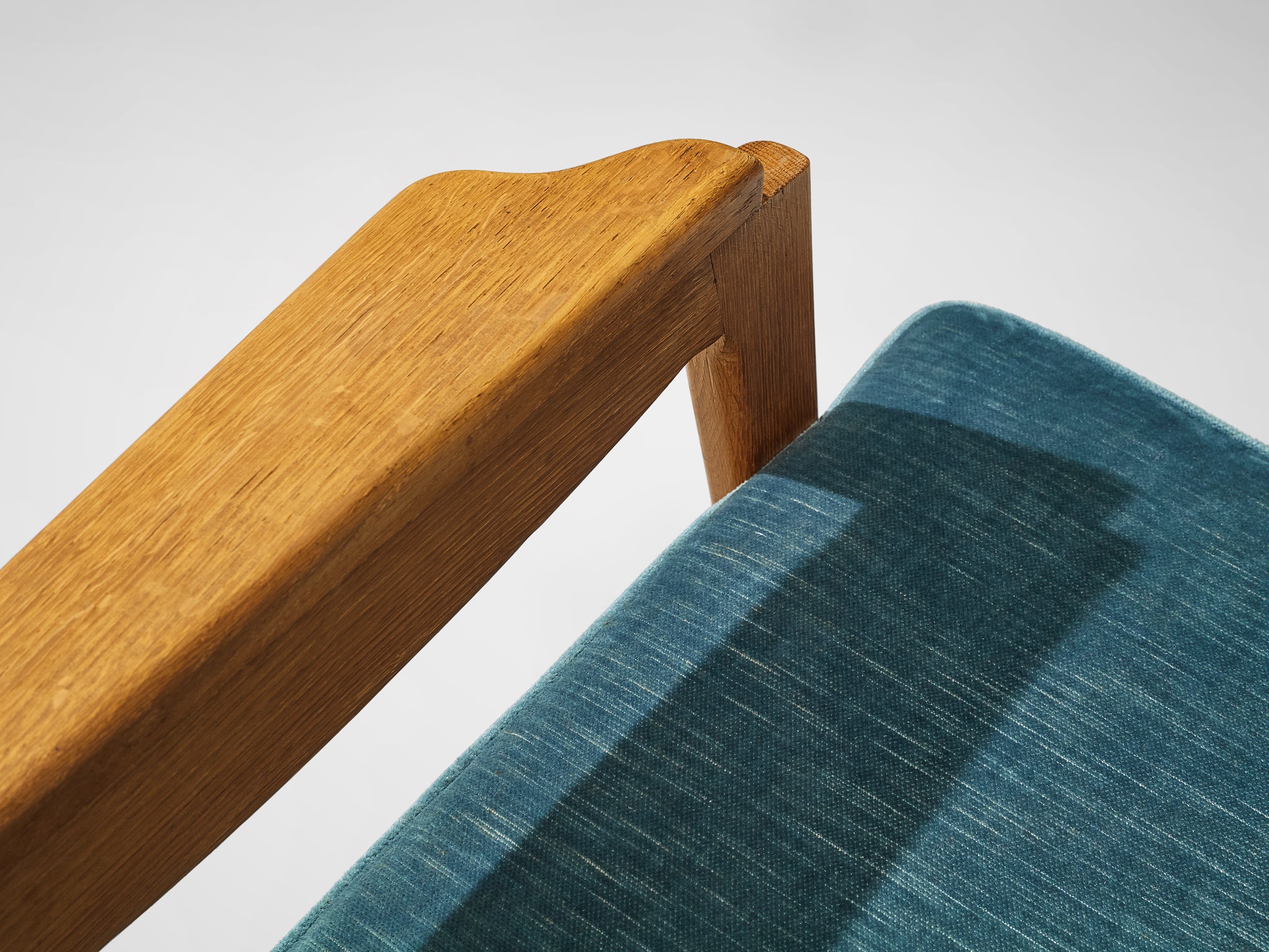 Mid-Century Modern French Armchair in Oak and Blue Velvet Seating Morentz
