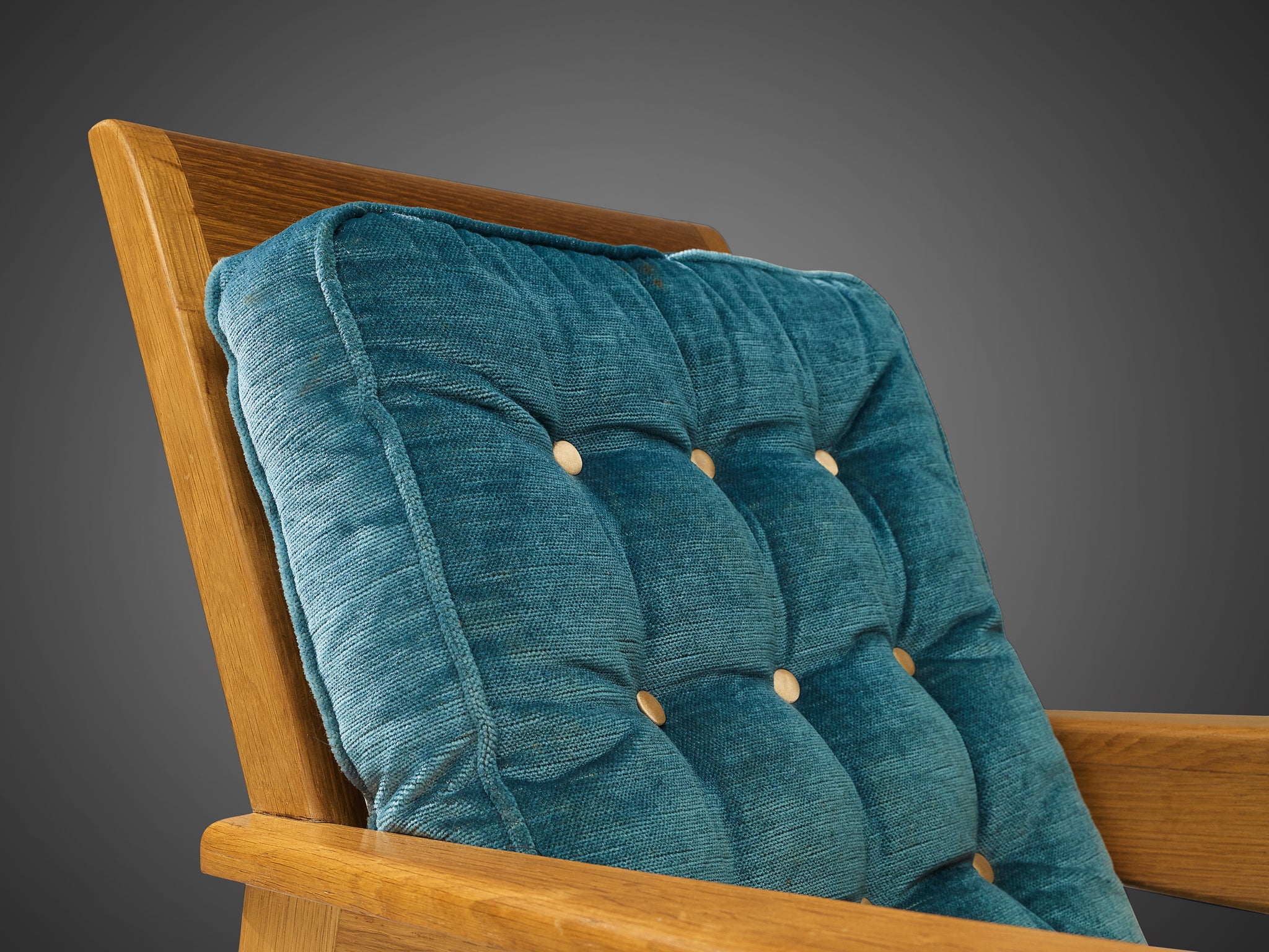 Mid-Century Modern French Armchair in Oak and Blue Velvet Seating Morentz
