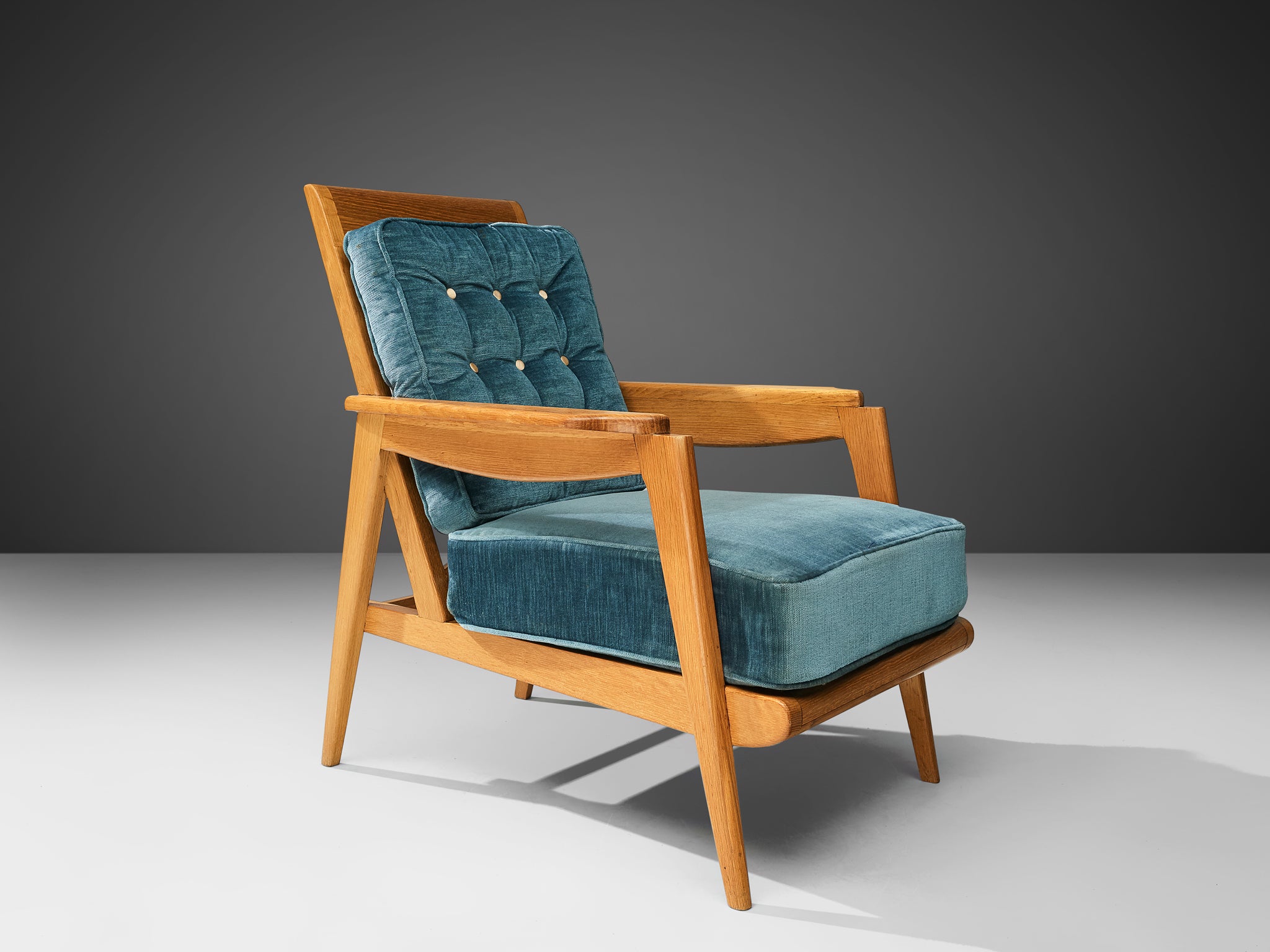 Mid-Century Modern French Armchair in Oak and Blue Velvet Seating Morentz