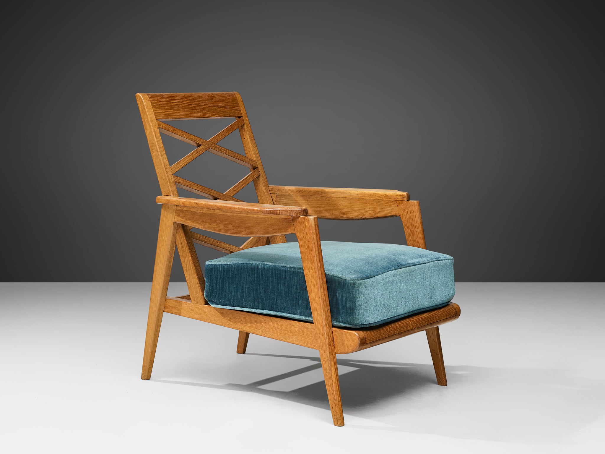 Mid-Century Modern French Armchair in Oak and Blue Velvet Seating Morentz
