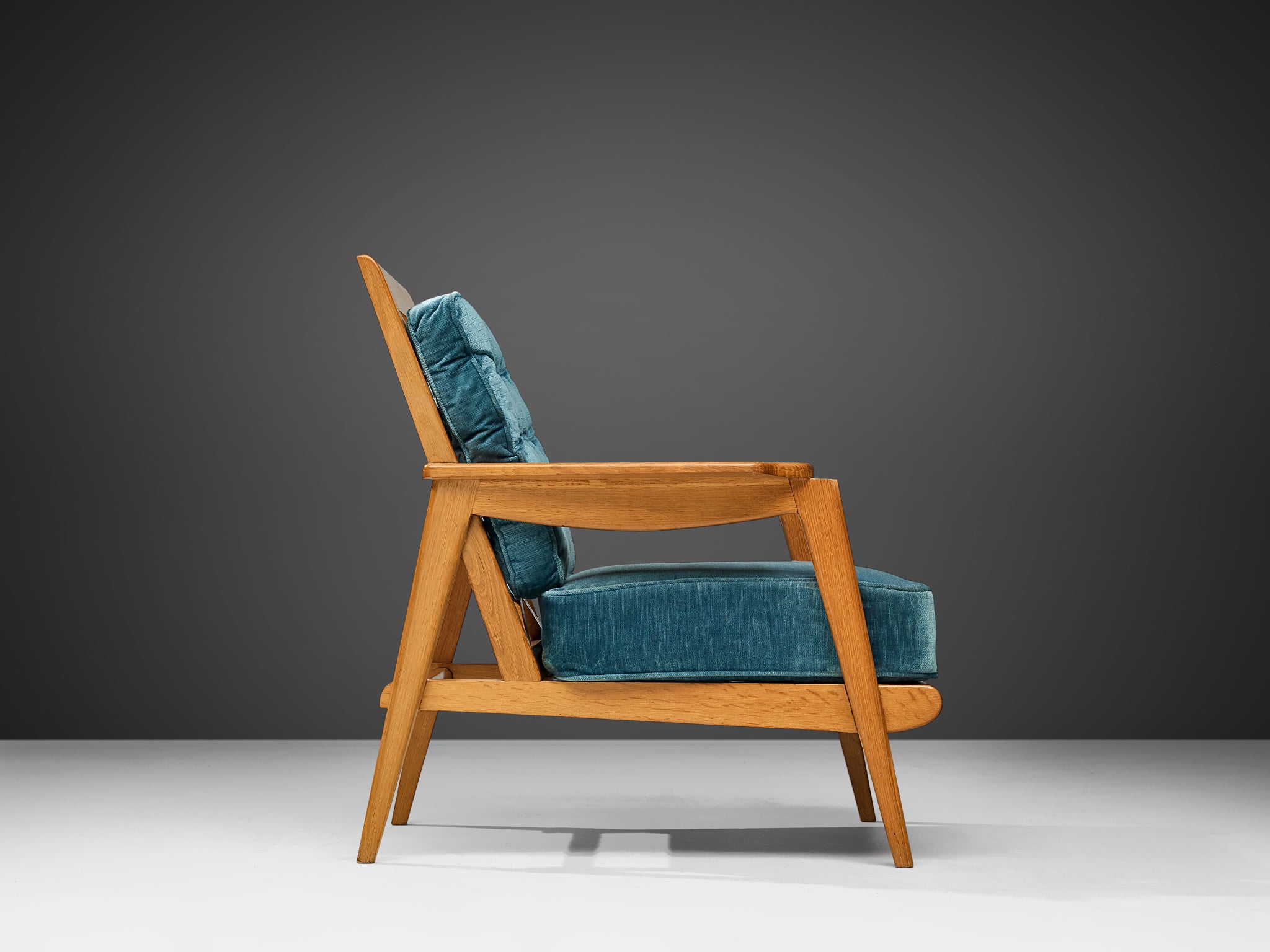 Mid-Century Modern French Armchair in Oak and Blue Velvet Seating Morentz