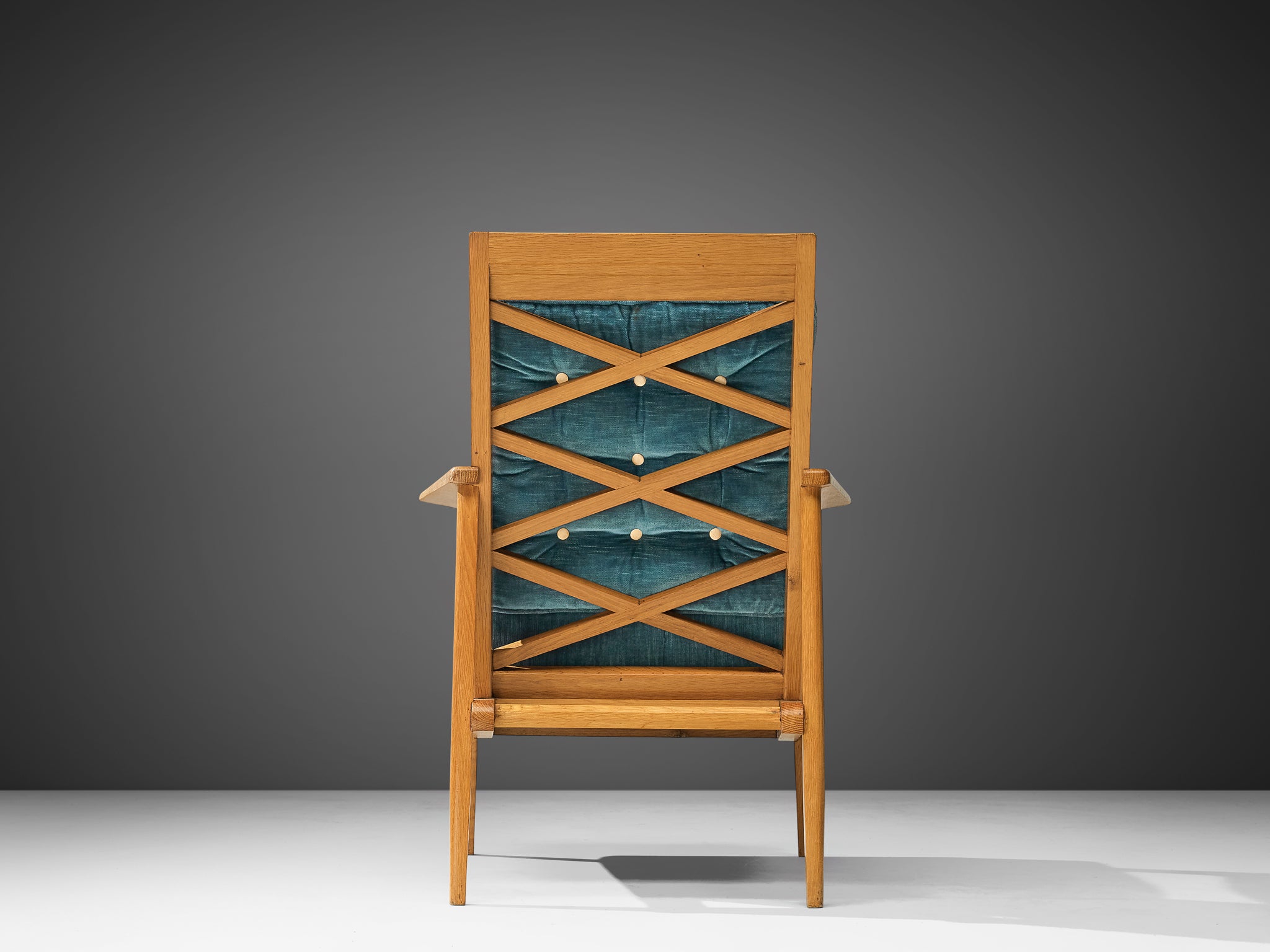 Mid-Century Modern French Armchair in Oak and Blue Velvet Seating Morentz