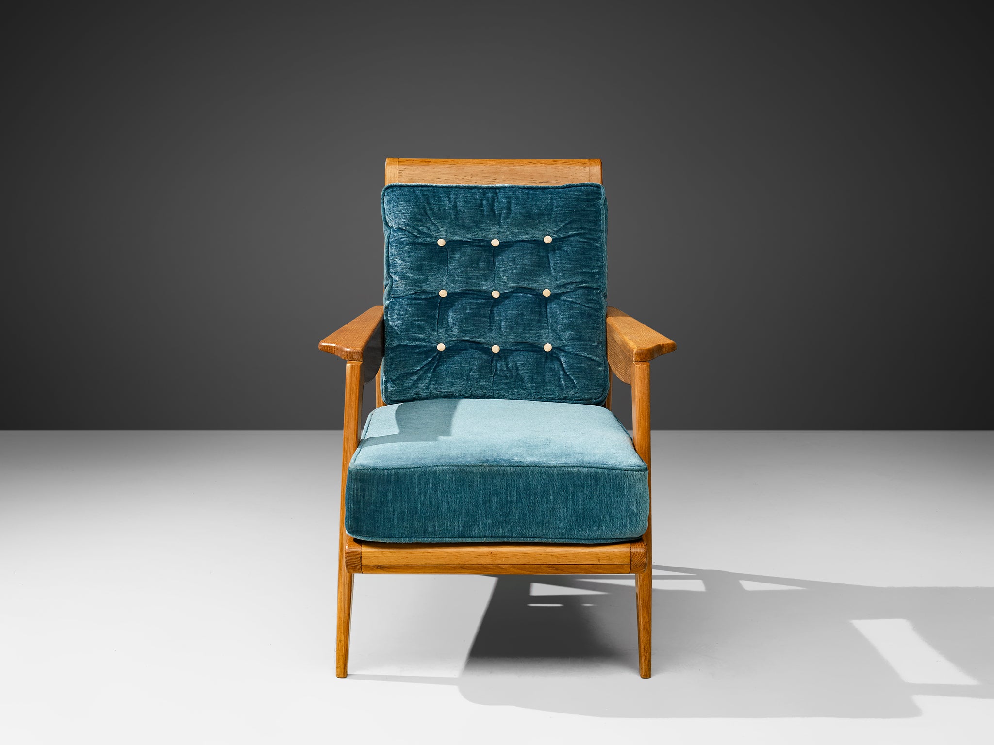 Mid-Century Modern French Armchair in Oak and Blue Velvet Seating Morentz
