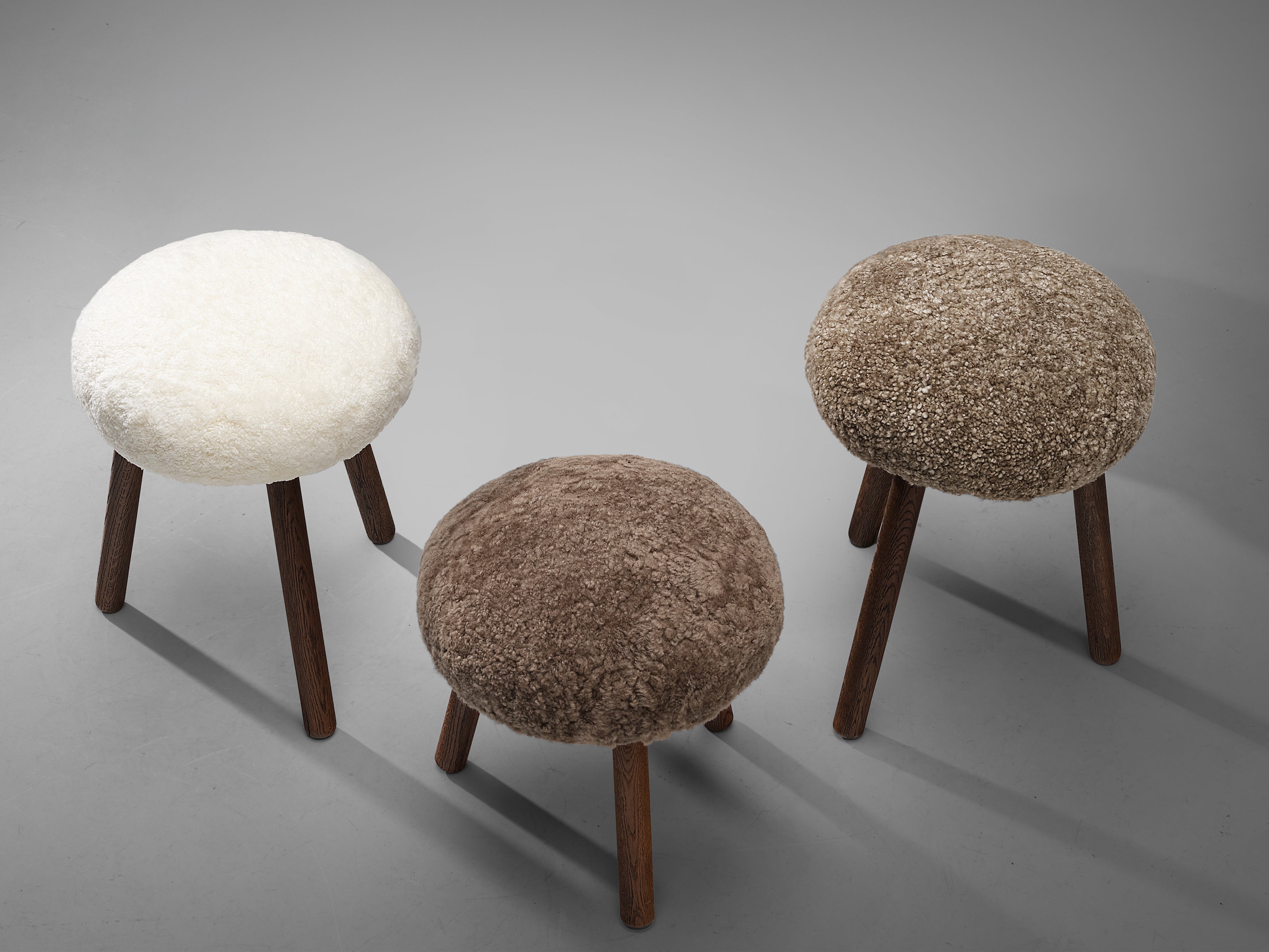 Swiss Tripod Stools in Solid Oak Upholstered in Shearling Seating Morentz