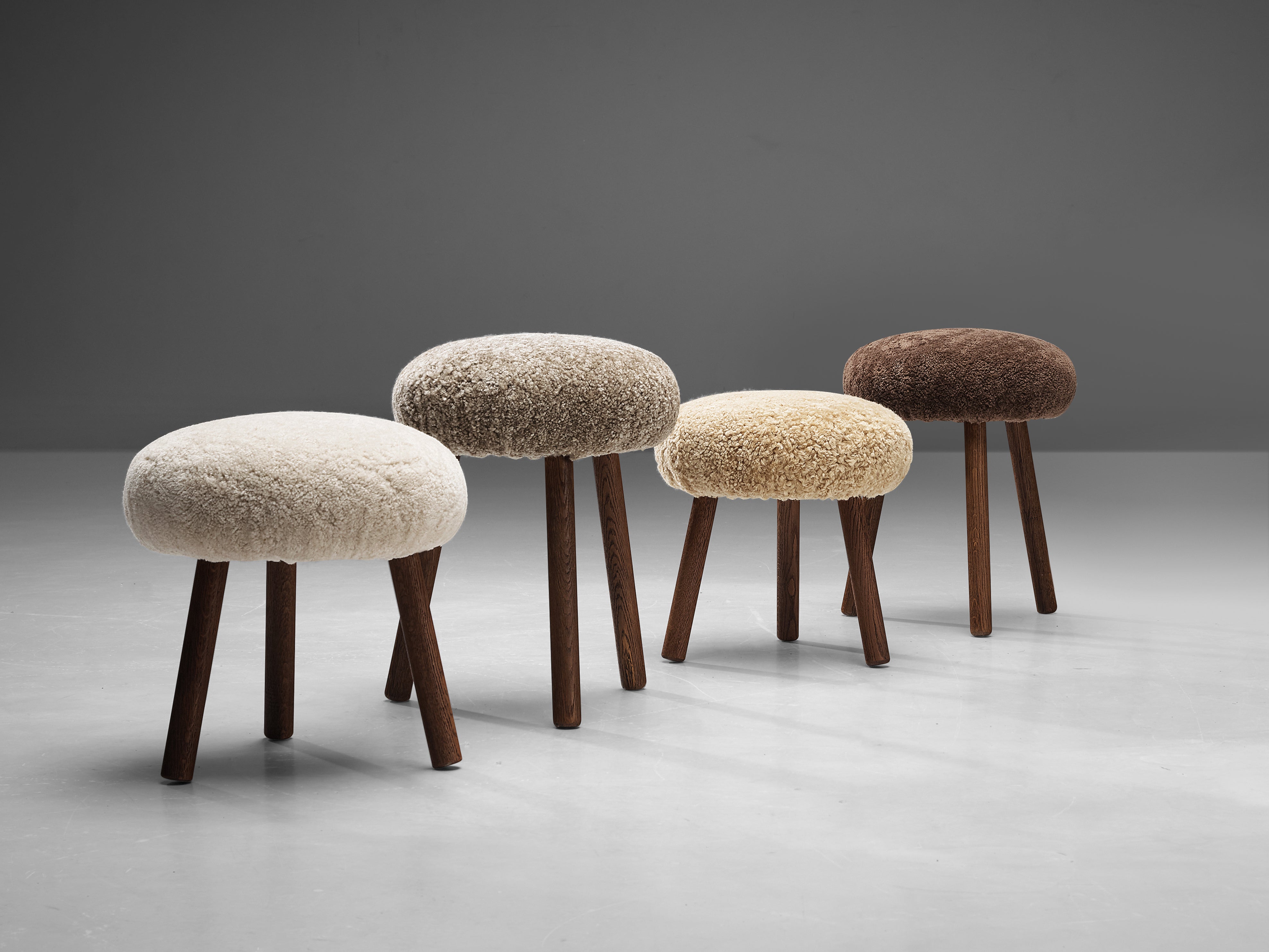 Swiss Tripod Stools in Solid Oak Upholstered in Shearling Seating Morentz
