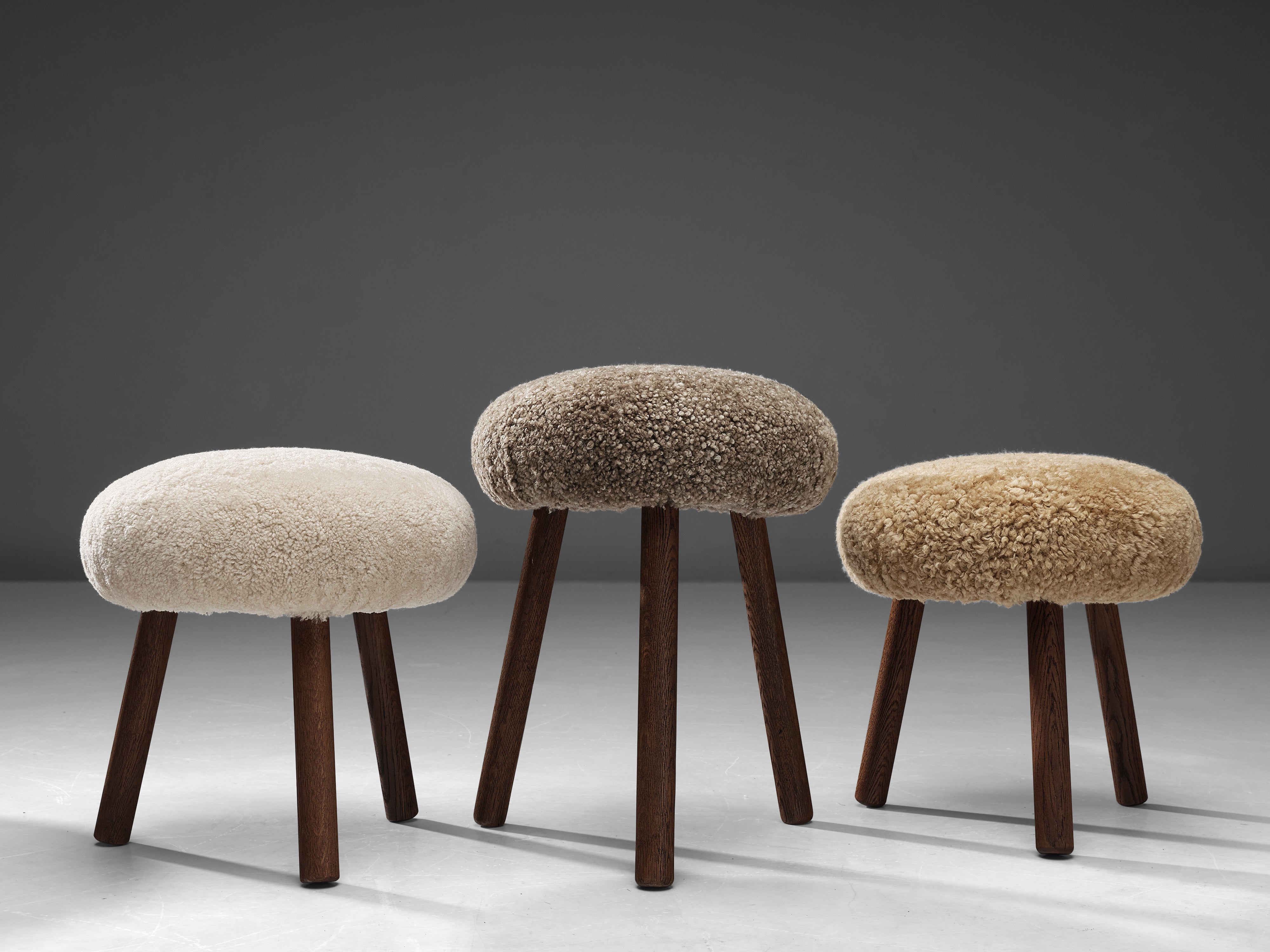 Swiss Tripod Stools in Solid Oak Upholstered in Shearling Seating Morentz