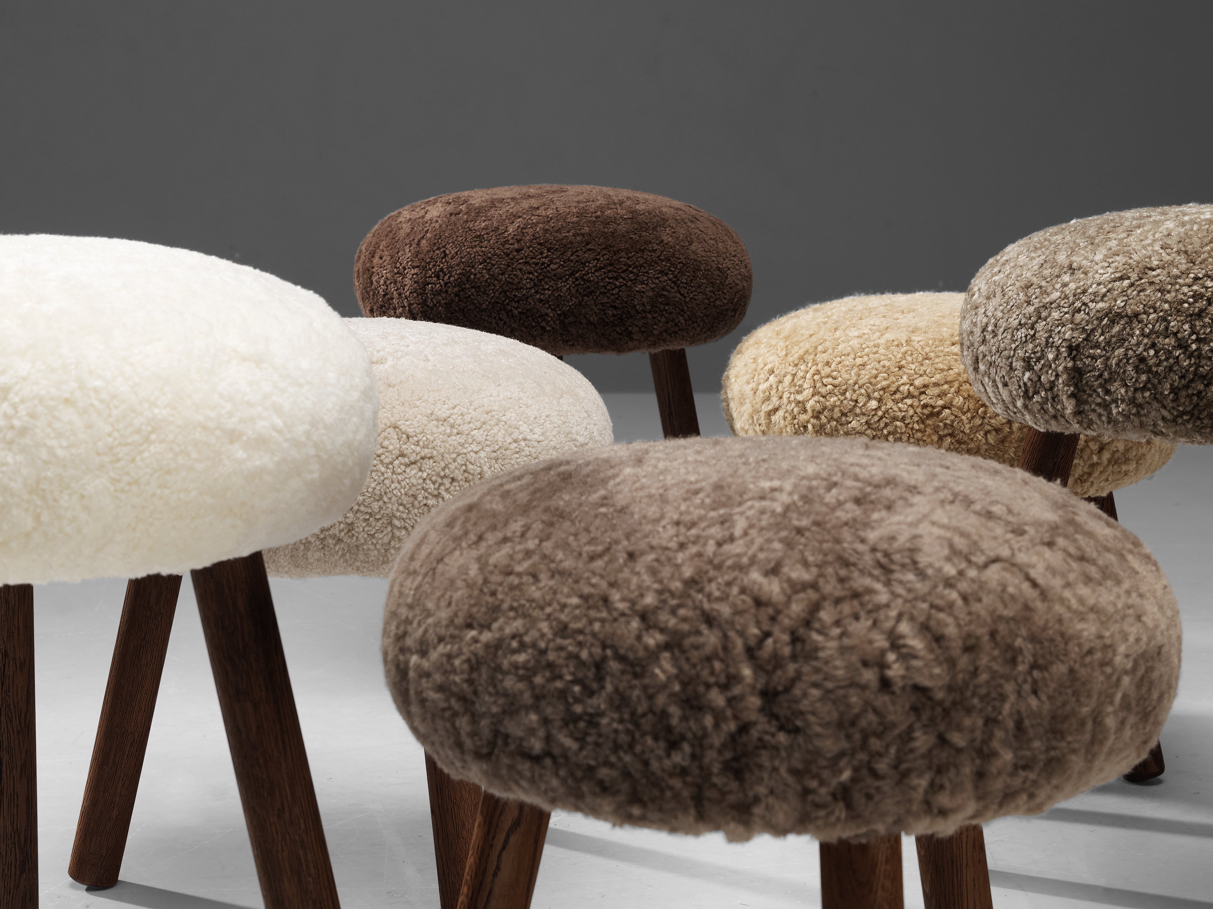 Swiss Tripod Stools in Solid Oak Upholstered in Shearling Seating Morentz