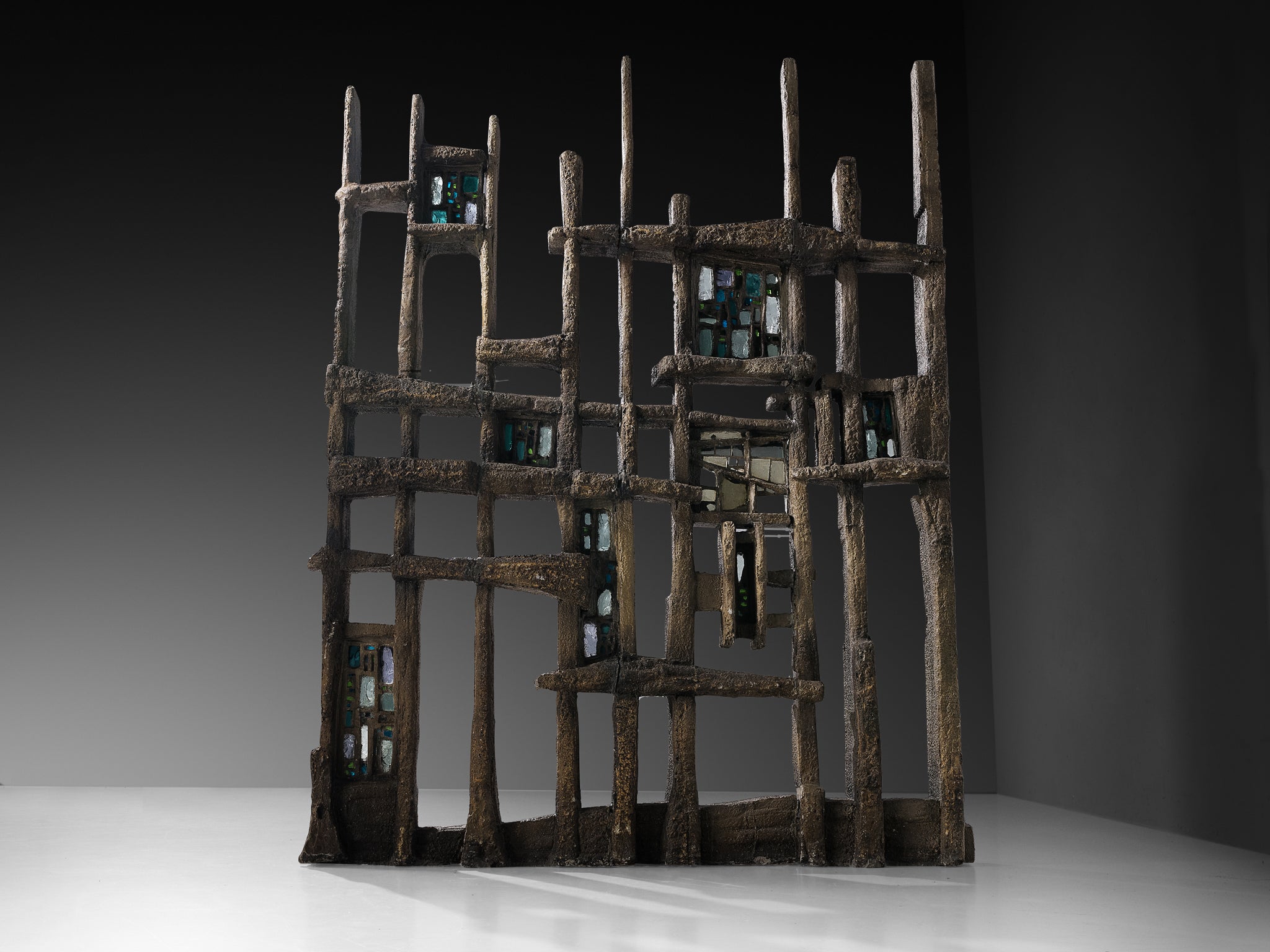 Pia Manu Hand Crafted Room Divider in Burnished Concrete and Stained Glass Case pieces and storage cabinets Morentz