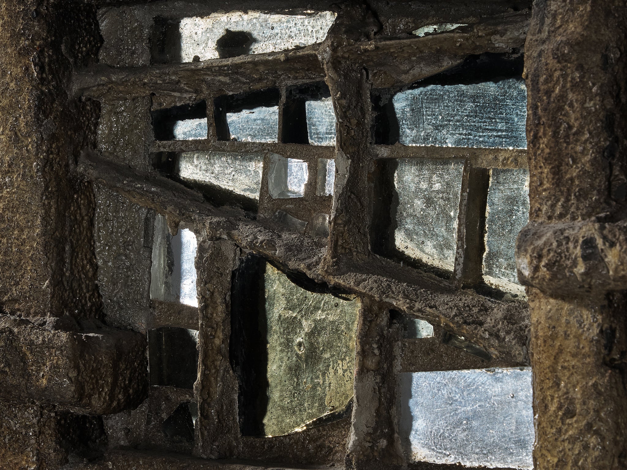 Pia Manu Hand Crafted Room Divider in Burnished Concrete and Stained Glass Case pieces and storage cabinets Morentz