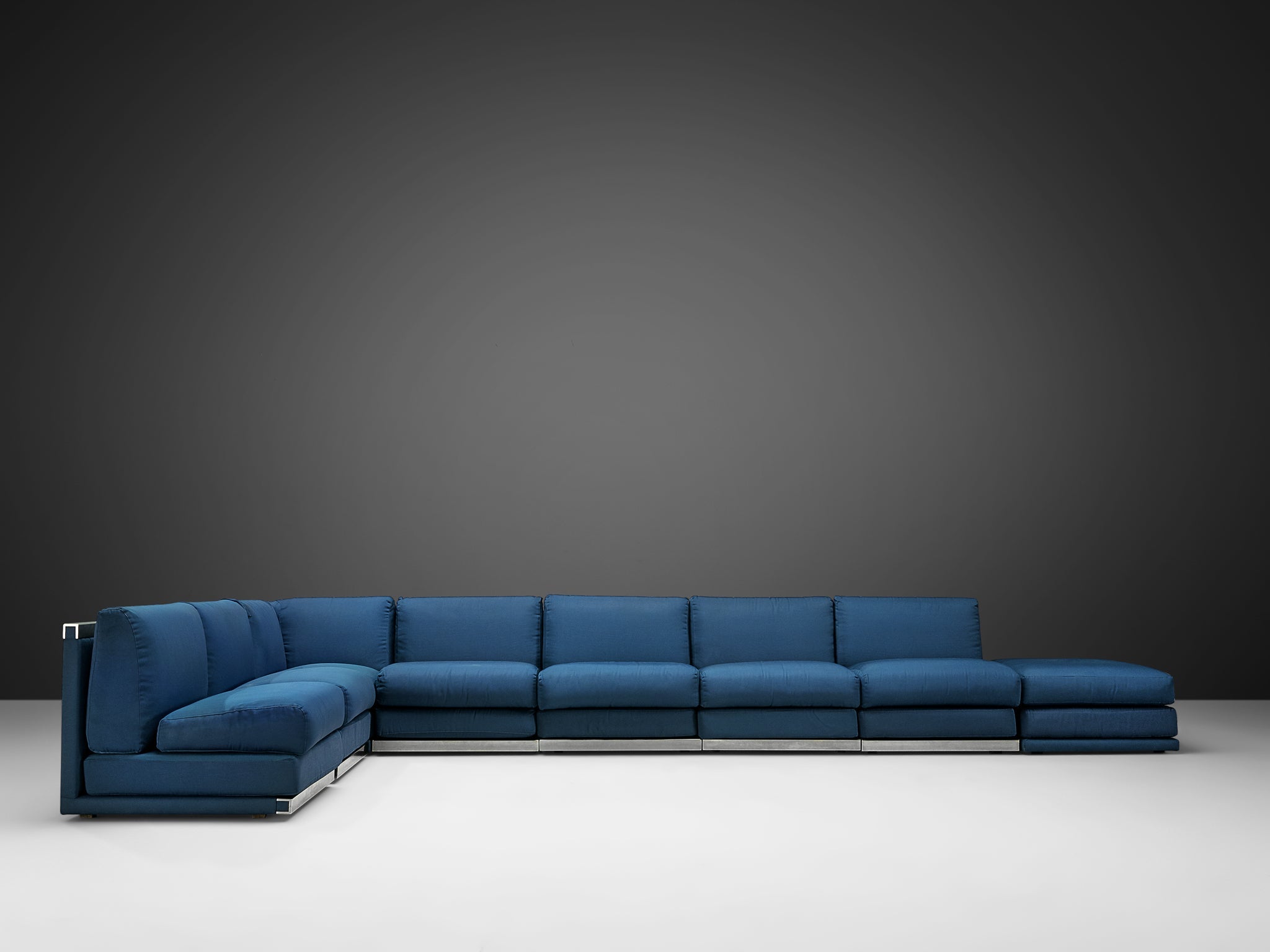 Large Postmodern Sectional Sofa in Blue Upholstery and Aluminum seating Morentz