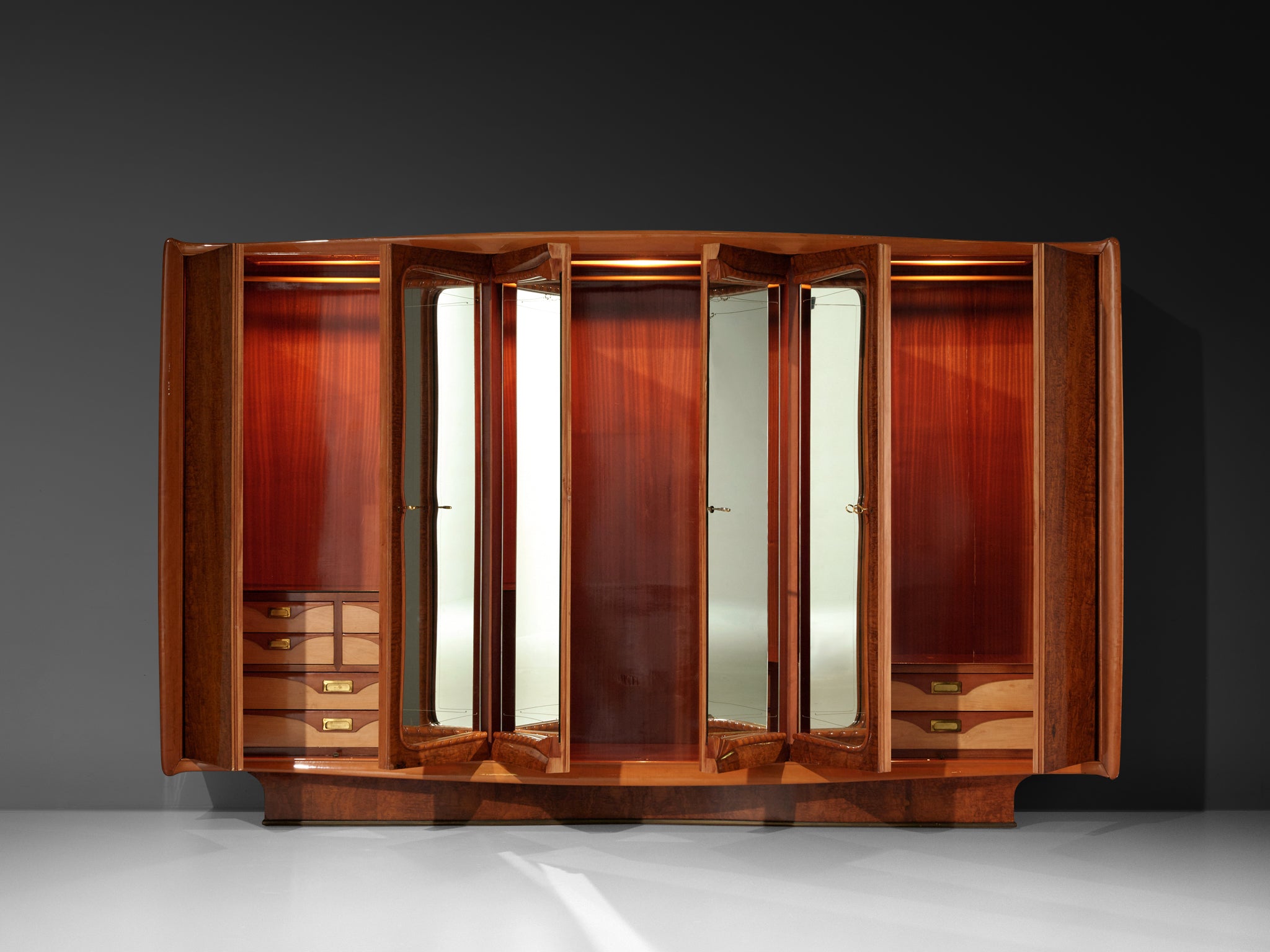 Exquisite Italian Wardrobe with Mirrored Doors in Walnut Burl Case pieces and storage cabinets Morentz