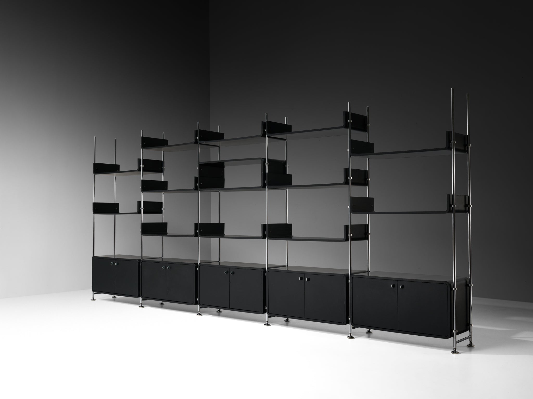 Michel Ducaroy Modular Wall Unit in Black Lacquered Wood and Steel case pieces and storage cabinets Morentz