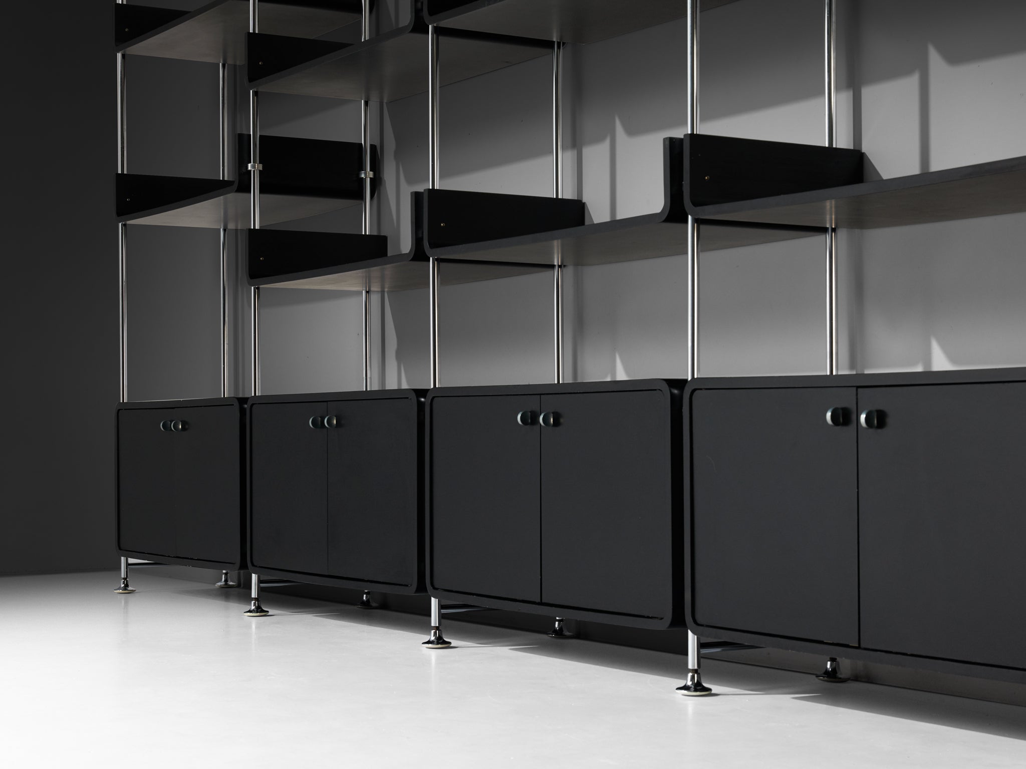 Michel Ducaroy Modular Wall Unit in Black Lacquered Wood and Steel case pieces and storage cabinets Morentz