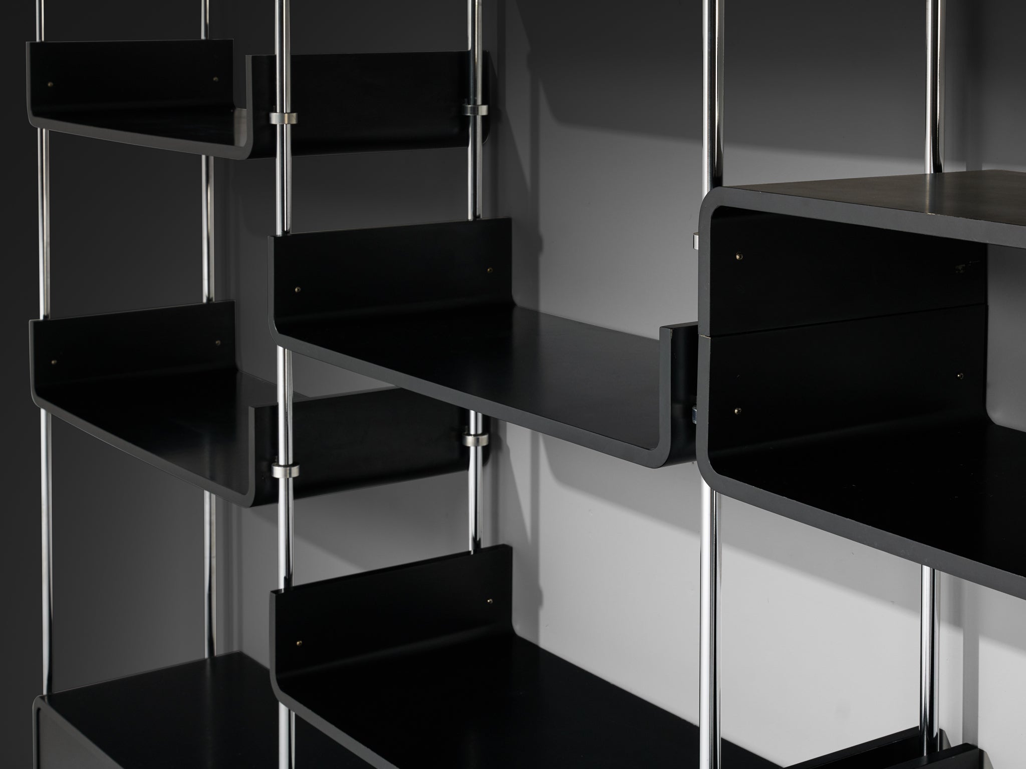 Michel Ducaroy Modular Wall Unit in Black Lacquered Wood and Steel case pieces and storage cabinets Morentz