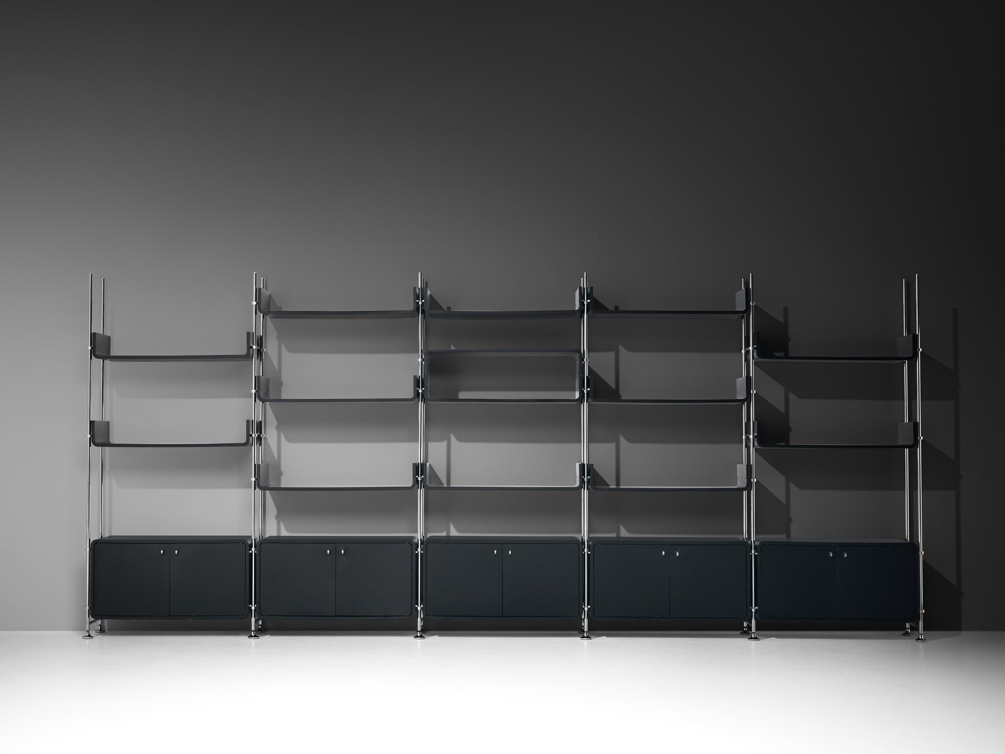 Michel Ducaroy Modular Wall Unit in Black Lacquered Wood and Steel case pieces and storage cabinets Morentz