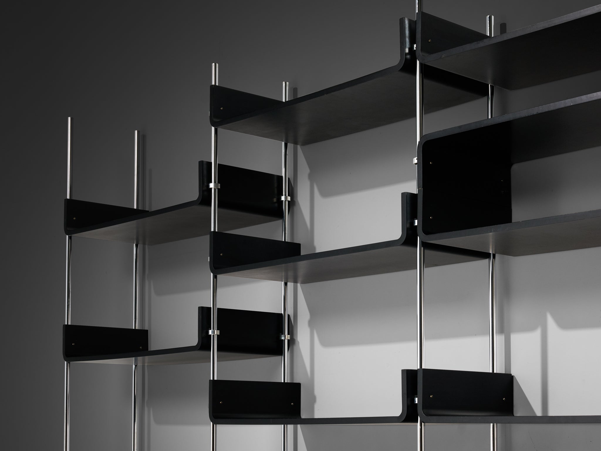 Michel Ducaroy Modular Wall Unit in Black Lacquered Wood and Steel case pieces and storage cabinets Morentz