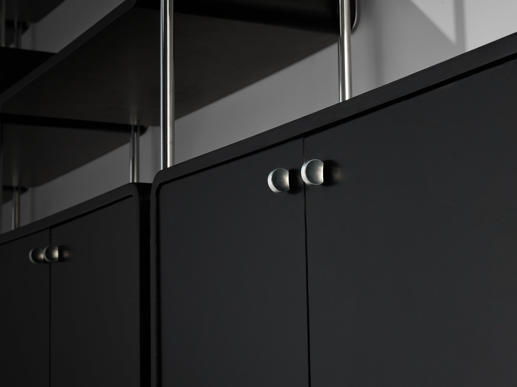 Michel Ducaroy Modular Wall Unit in Black Lacquered Wood and Steel case pieces and storage cabinets Morentz