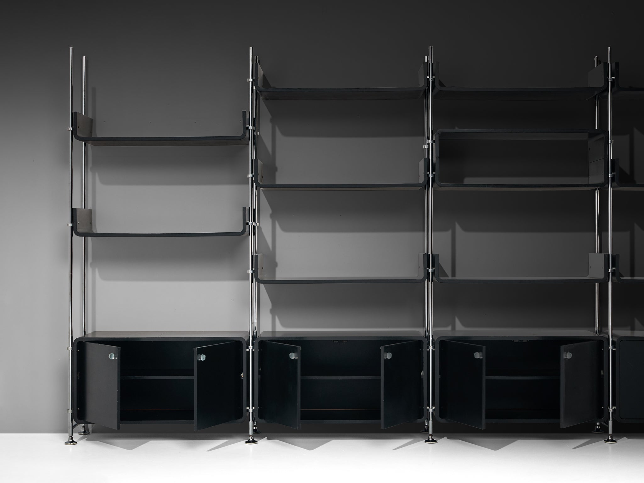 Michel Ducaroy Modular Wall Unit in Black Lacquered Wood and Steel case pieces and storage cabinets Morentz