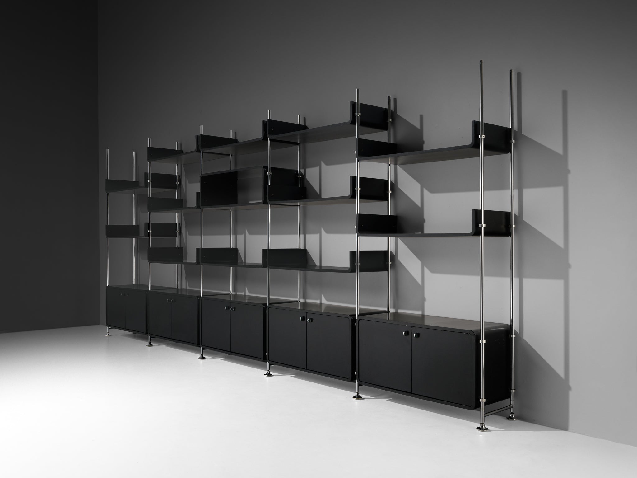 Michel Ducaroy Modular Wall Unit in Black Lacquered Wood and Steel case pieces and storage cabinets Morentz