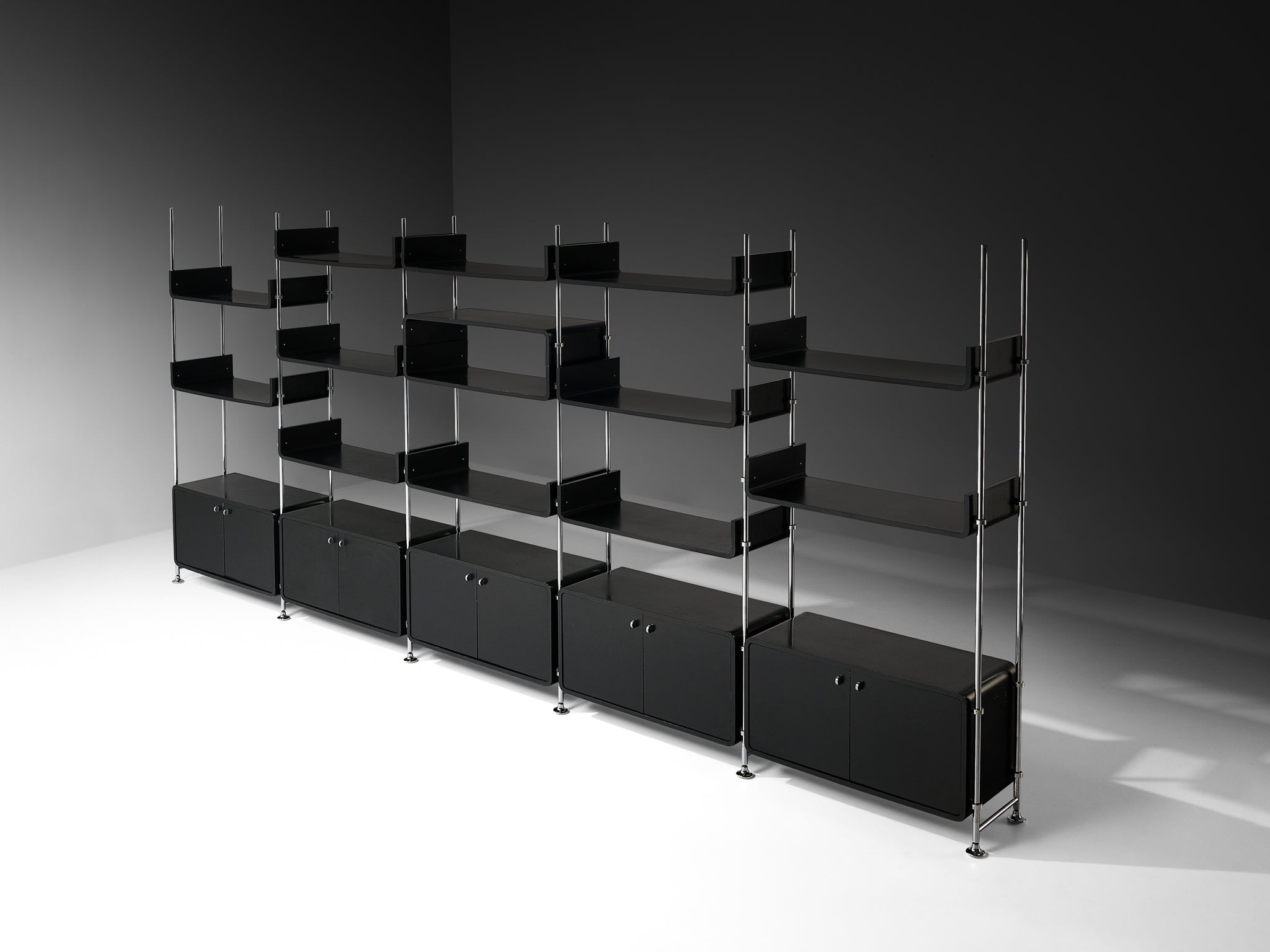 Michel Ducaroy Modular Wall Unit in Black Lacquered Wood and Steel case pieces and storage cabinets Morentz