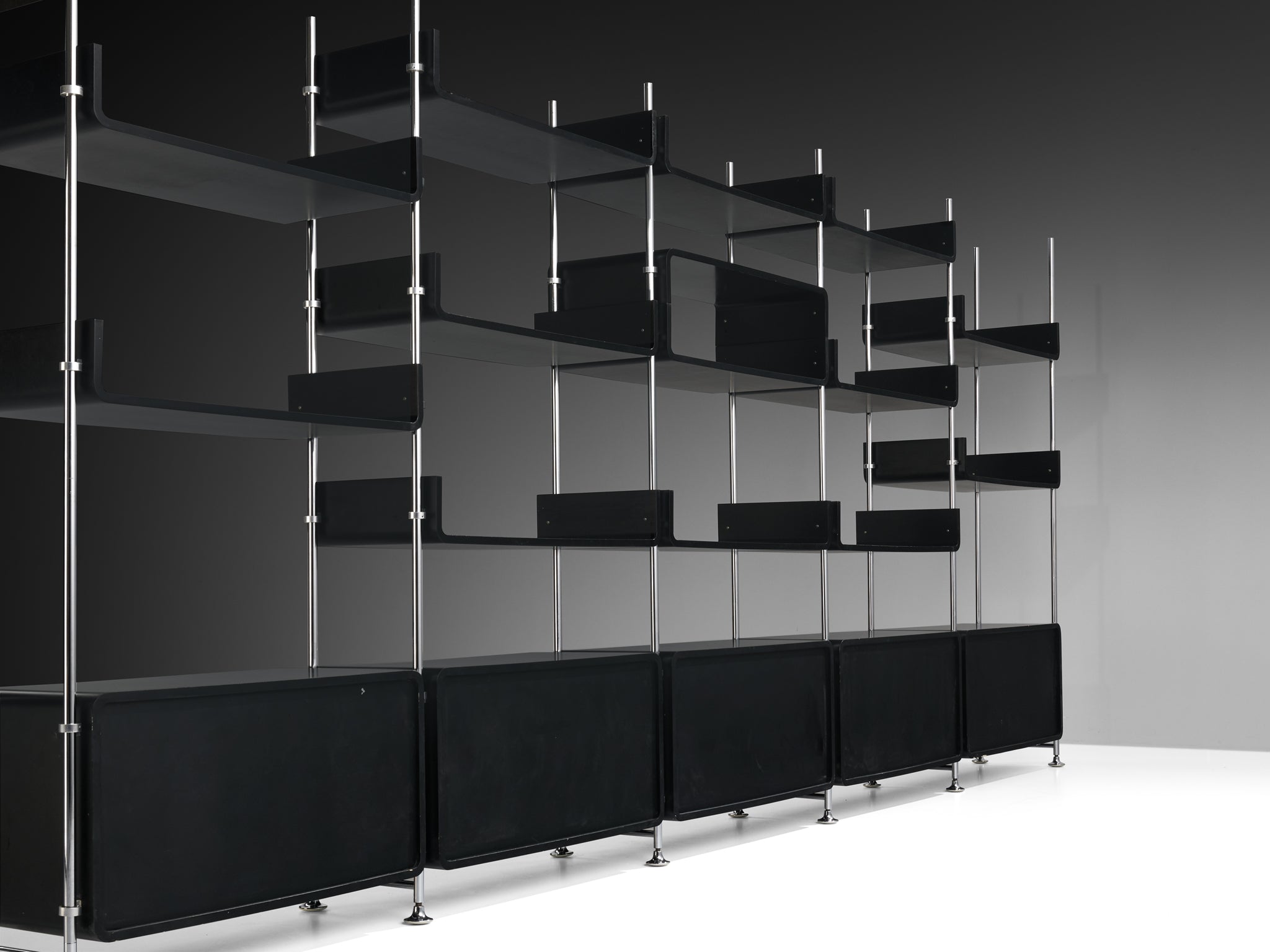 Michel Ducaroy Modular Wall Unit in Black Lacquered Wood and Steel case pieces and storage cabinets Morentz