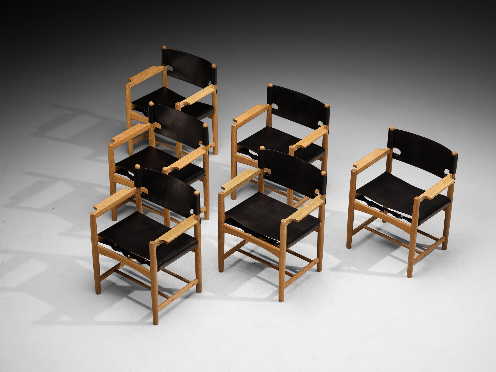 Børge Mogensen for Fredericia Stolefabrik Set of 'Spanish' Dining Chairs in Oak and Black Leather Seating Morentz