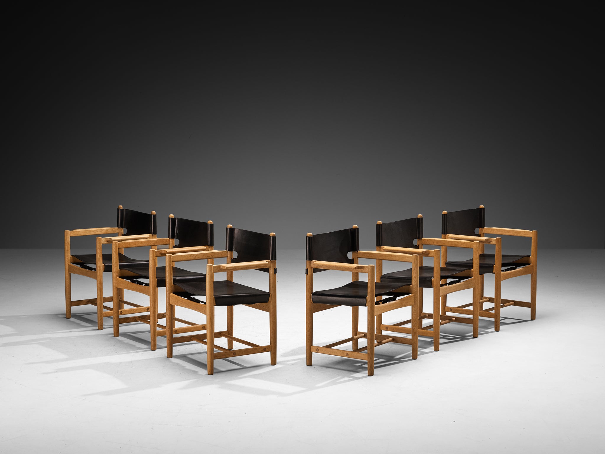 Børge Mogensen for Fredericia Stolefabrik Set of 'Spanish' Dining Chairs in Oak and Black Leather Seating Morentz