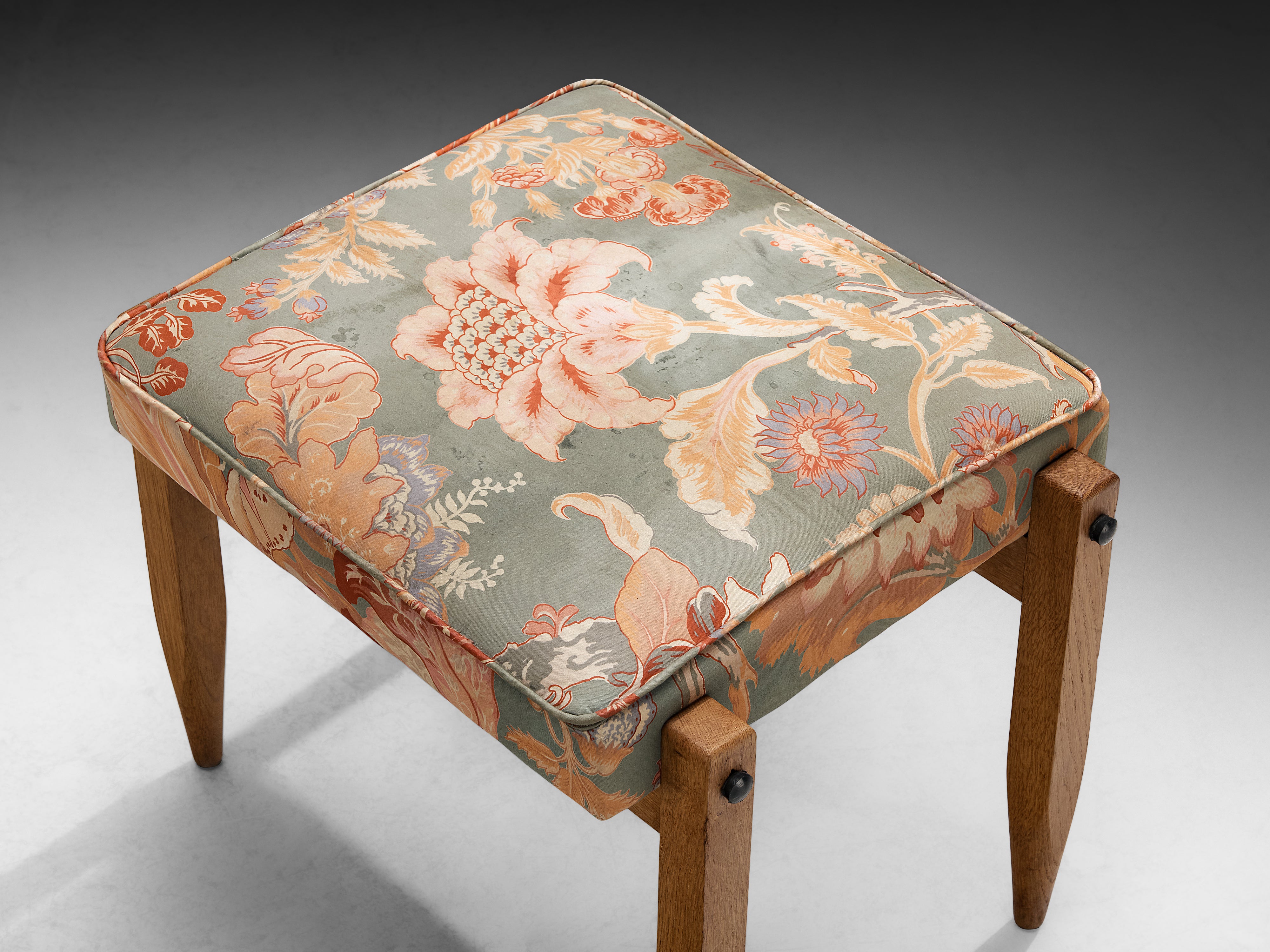 Guillerme et Chambron Pair of Ottomans in Oak and Patterned Fabric Seating Morentz