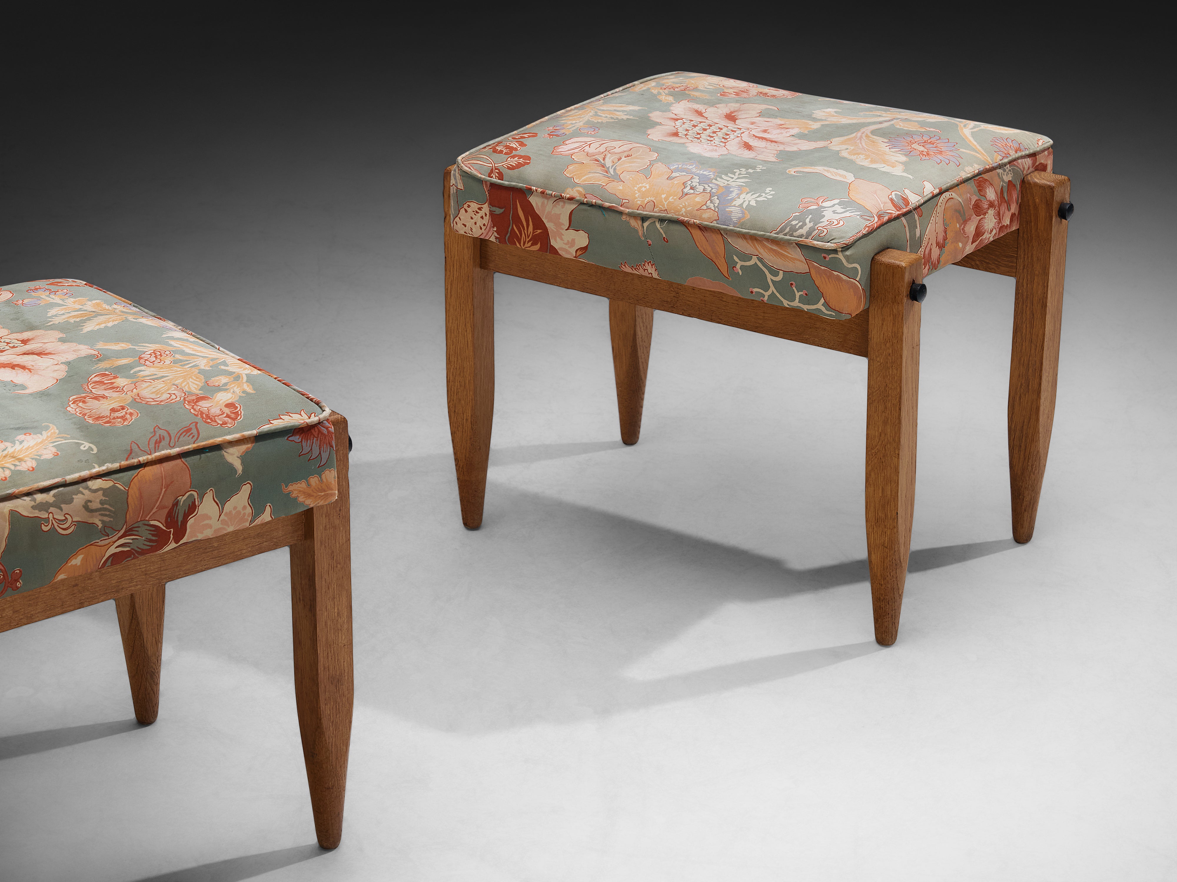 Guillerme et Chambron Pair of Ottomans in Oak and Patterned Fabric Seating Morentz