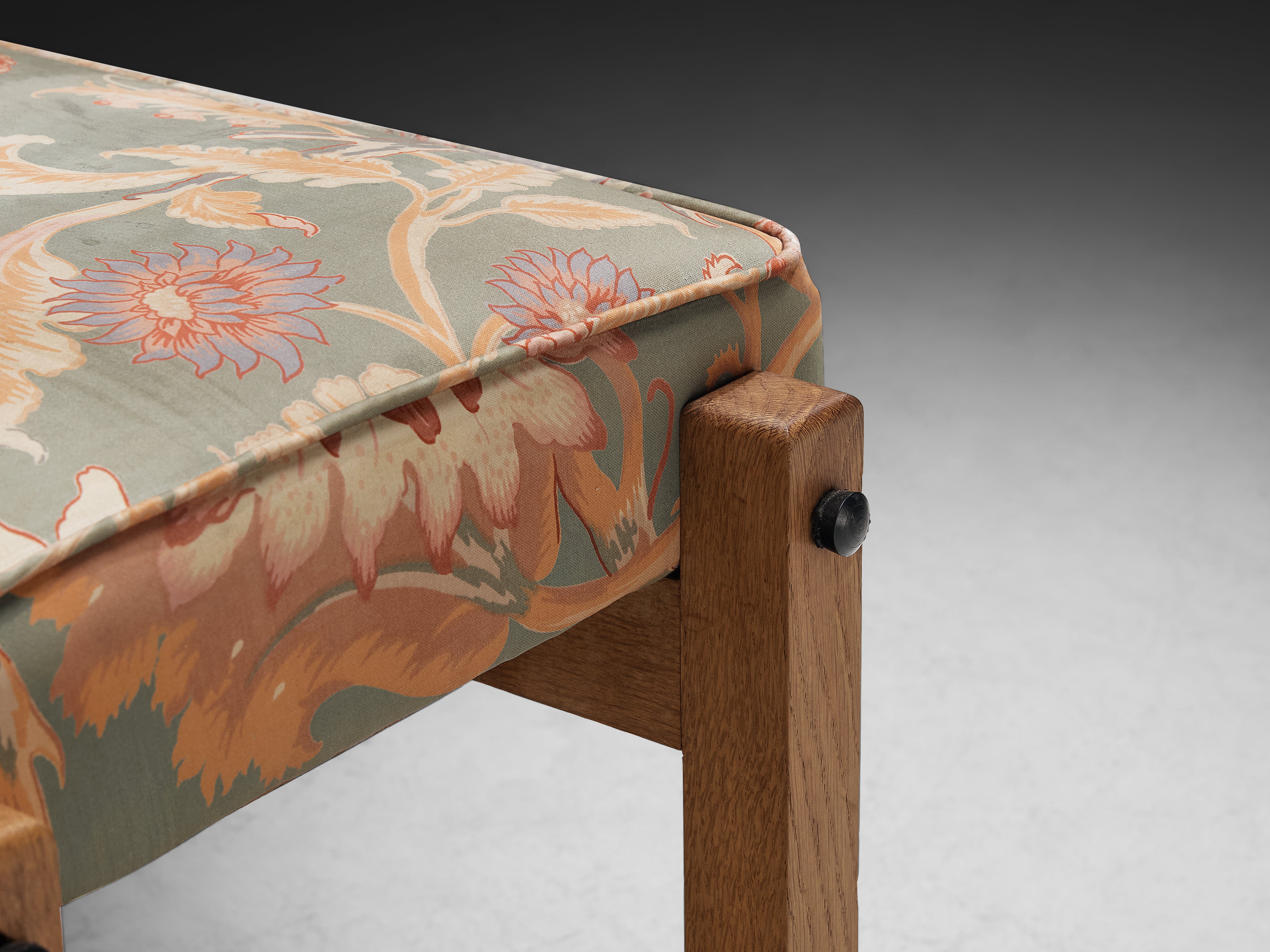 Guillerme et Chambron Pair of Ottomans in Oak and Patterned Fabric Seating Morentz