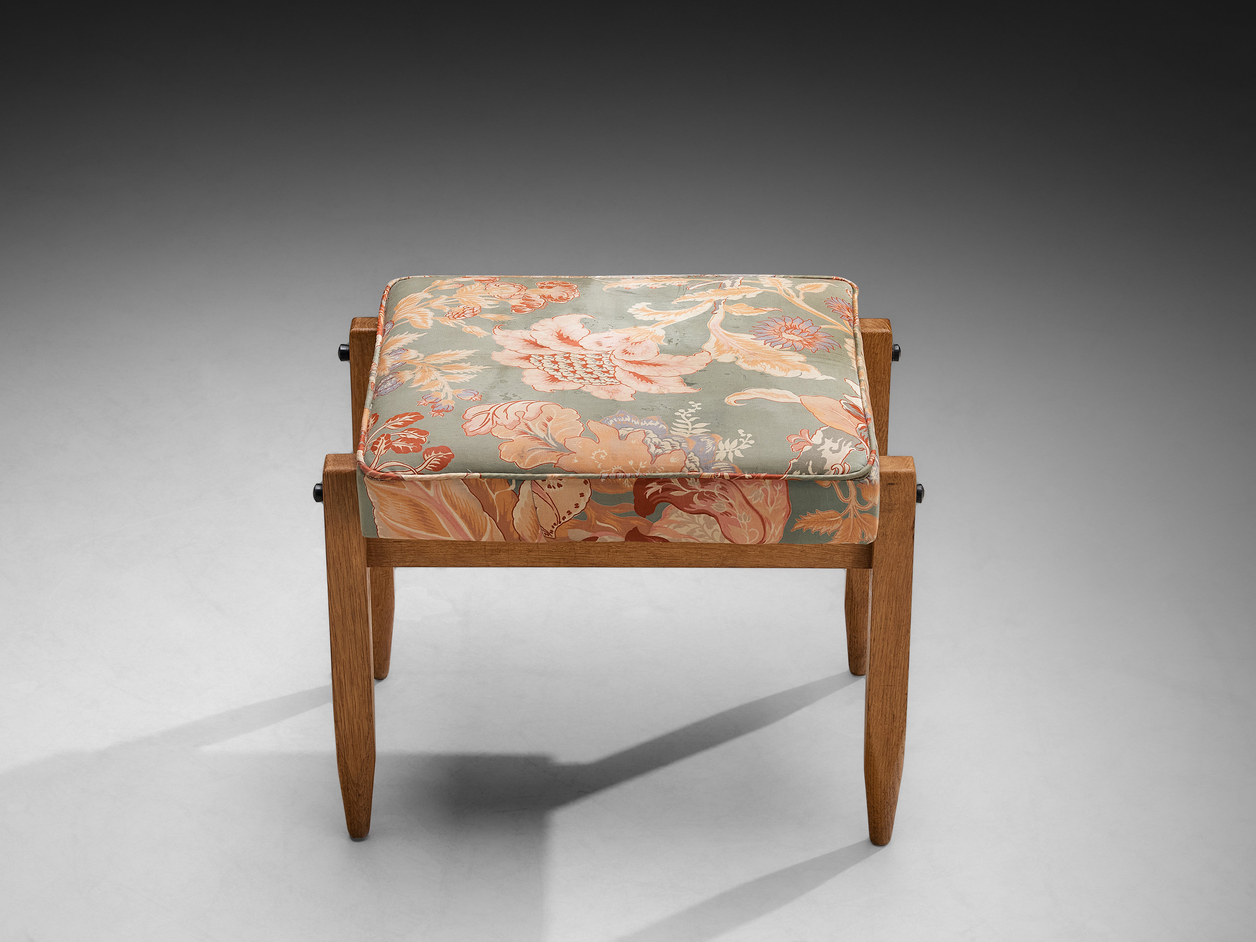 Guillerme et Chambron Pair of Ottomans in Oak and Patterned Fabric Seating Morentz